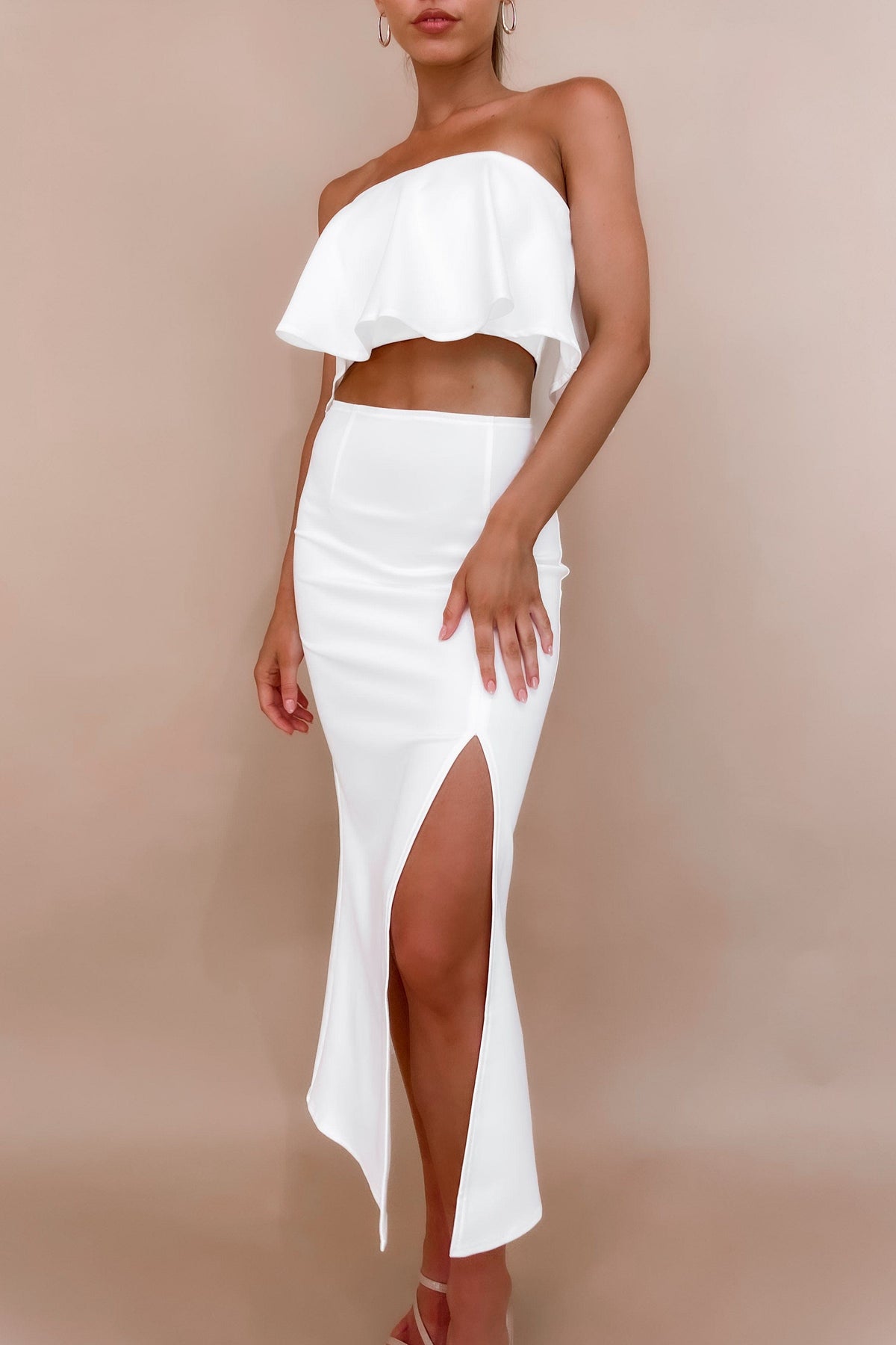 Mellie Set, BOTTOMS, CROP TOP, CROP TOPS, HIGH WAISTED SETS, MIDI SKIRT, new arrivals, POLYESTER &amp; SPANDEX, POLYESTER AND SPANDEX, SETS, SKIRTS, SPANDEX AND POLYESTER, TOP, TOPS, WHITE, , -MISHKAH