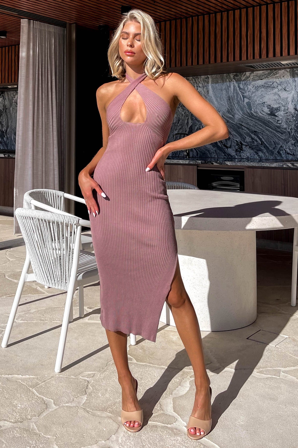 Moscato Dress, BASICS, BEIGE, BODYCON, BROWN, COTTON &amp; POLYESTER, COTTON AND POLYESTER, DRESS, DRESSES, HALTER, HALTER DRESS, MIDI DRESS, NEW ARRIVALS, POLYESTER AND COTTON, RIBBED, SIDE SPLIT, TWIST, , Shop The Latest Women&#39;s Dresses - Our New Moscato Dress is only $68.00, @ MISHKAH ONLINE FASHION BOUTIQUE-MISHKAH