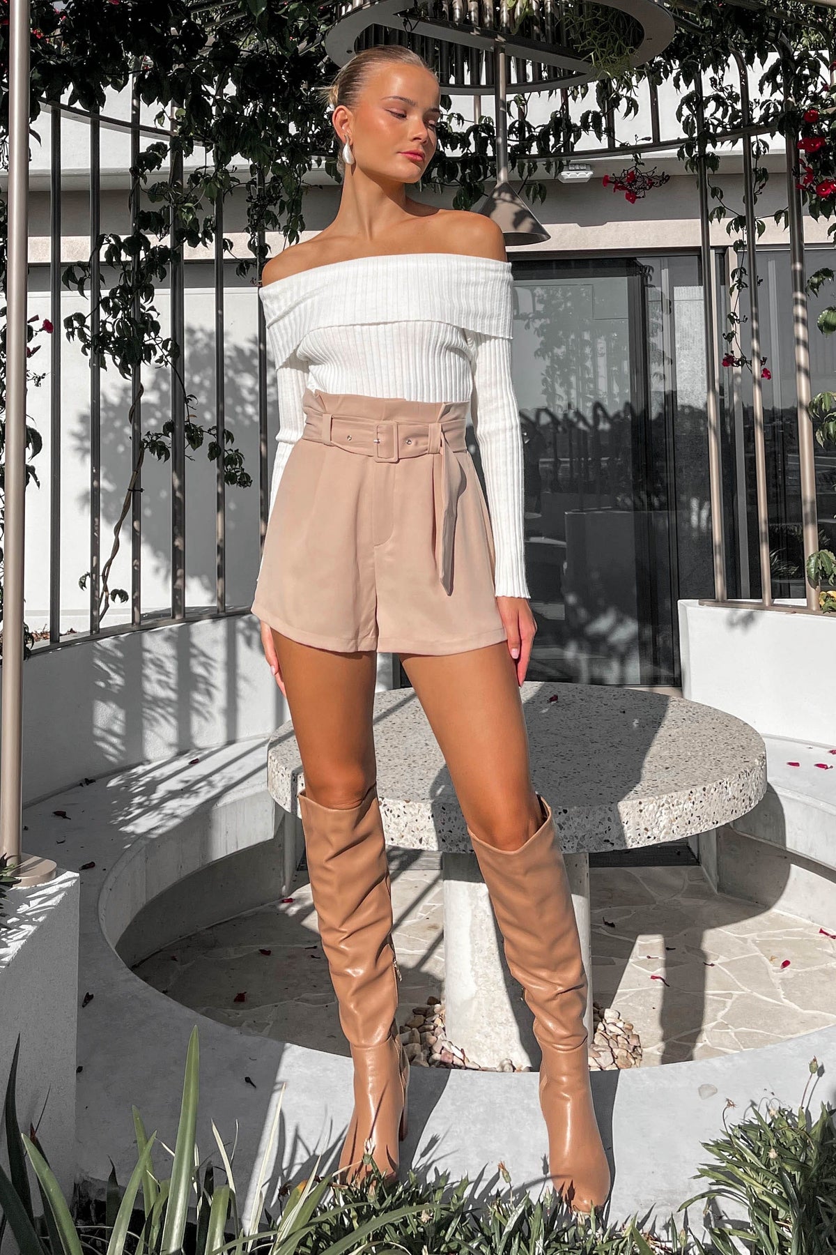 Nowell Shorts, BEIGE, BOTTOMS, HIGH WAISTED SHORTS, new arrivals, POLYESTER &amp; SPANDEX, POLYESTER AND SPANDEX, SHORTS, SPANDEX AND POLYESTER, , -MISHKAH