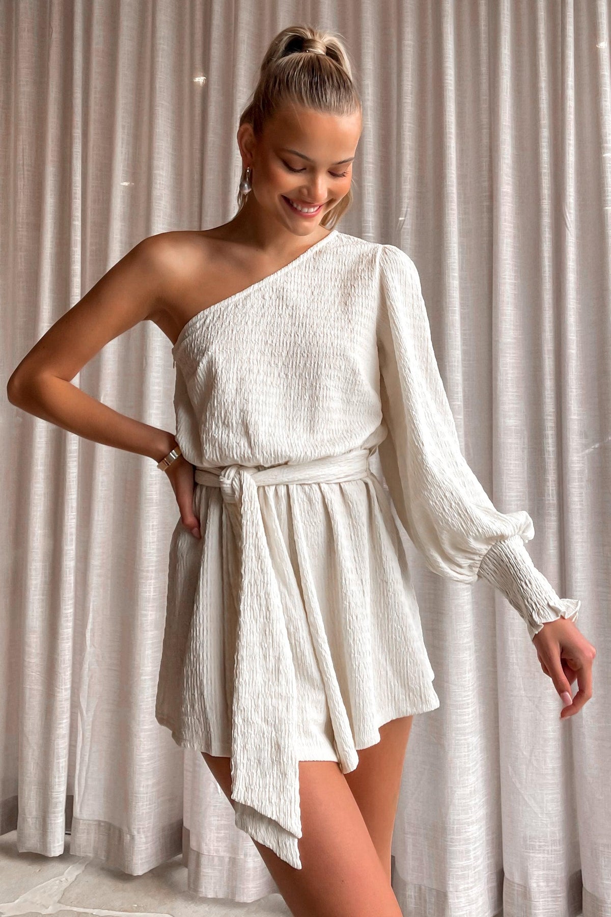 Rayna Playsuit, BEIGE, LONG SLEEVE, new arrivals, OFF SHOULDER, PLAYSUIT, PLAYSUITS, POLYESTER AND SPANDEX, , -MISHKAH