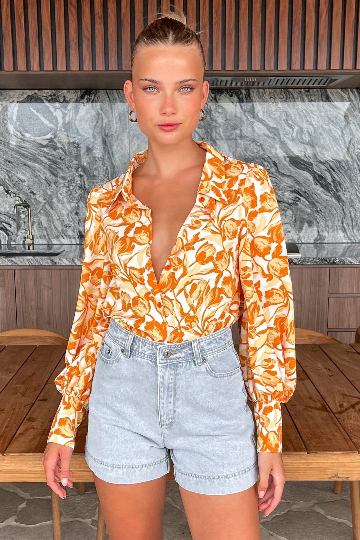 Soffia Top, COTTON &amp; POLYESTER, COTTON AND POLYESTER, FLORAL, FLORALS, LONG SLEEVE, new arrivals, ORANGE, POLYESTER AND COTTON, TOP, TOPS, , -MISHKAH