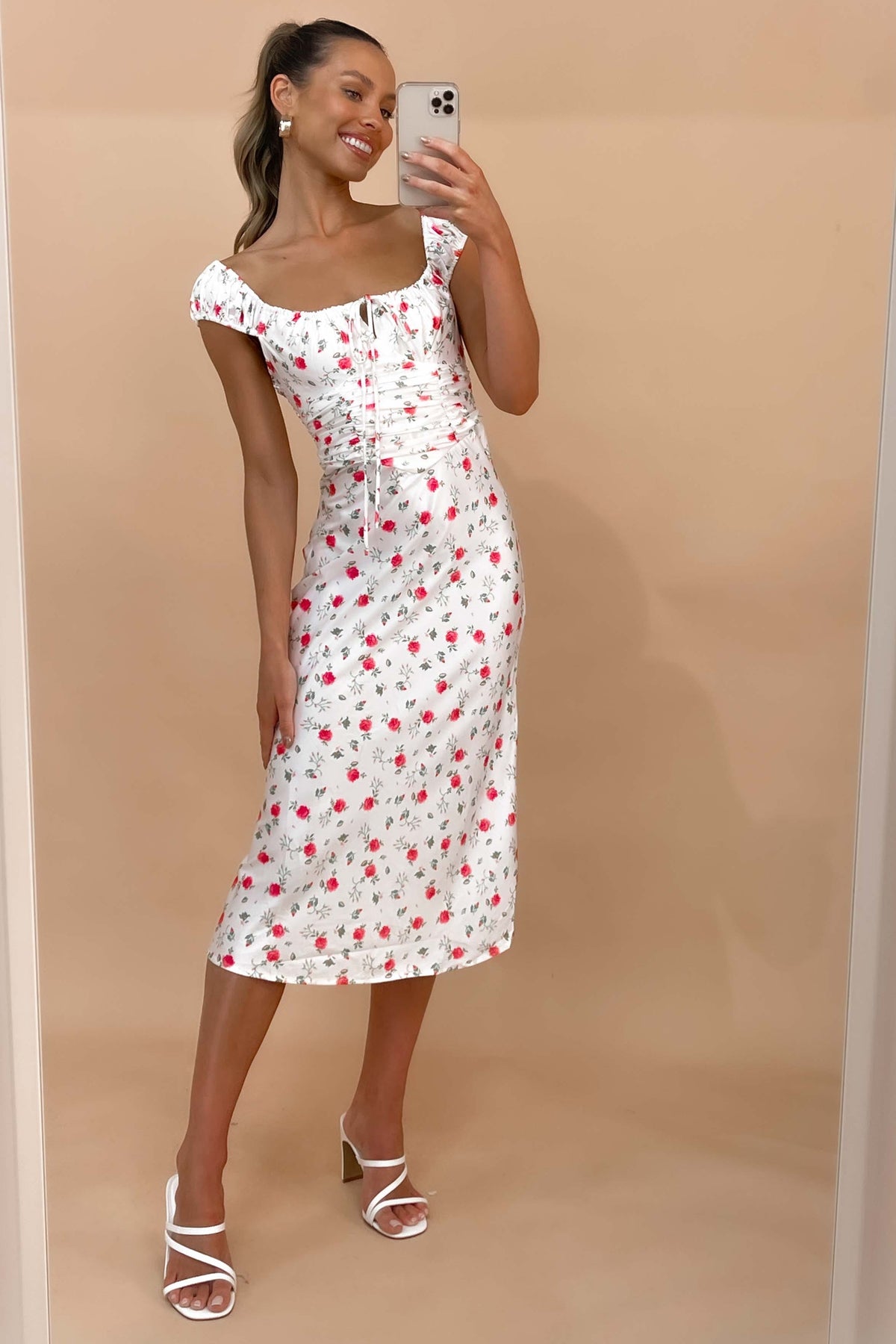 Titian Dress, BODYCON, DRESS, DRESSES, FLORAL, FLORALS, MIDI DRESS, new arrivals, OFF SHOULDER, POLYESTER &amp; RAYON &amp; SPANDEX, POLYESTER AND SPANDEX AND RAYON, WHITE, , -MISHKAH