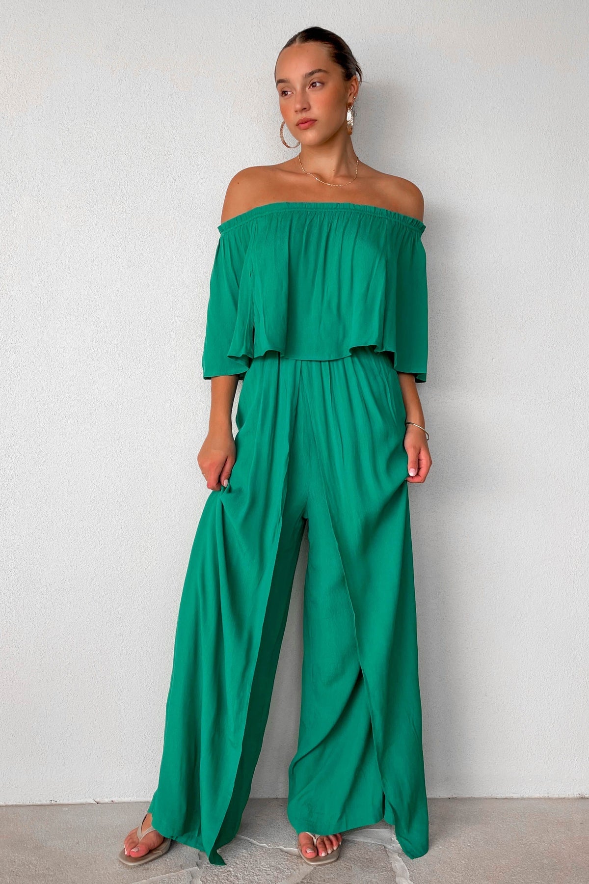 Trisset Jumpsuit, GREEN, JUMPSUIT, JUMPSUITS, new arrivals, NYLON &amp; RAYON, NYLON AND RAYON, OFF SHOULDER, RAYON AND NYLON, , -MISHKAH