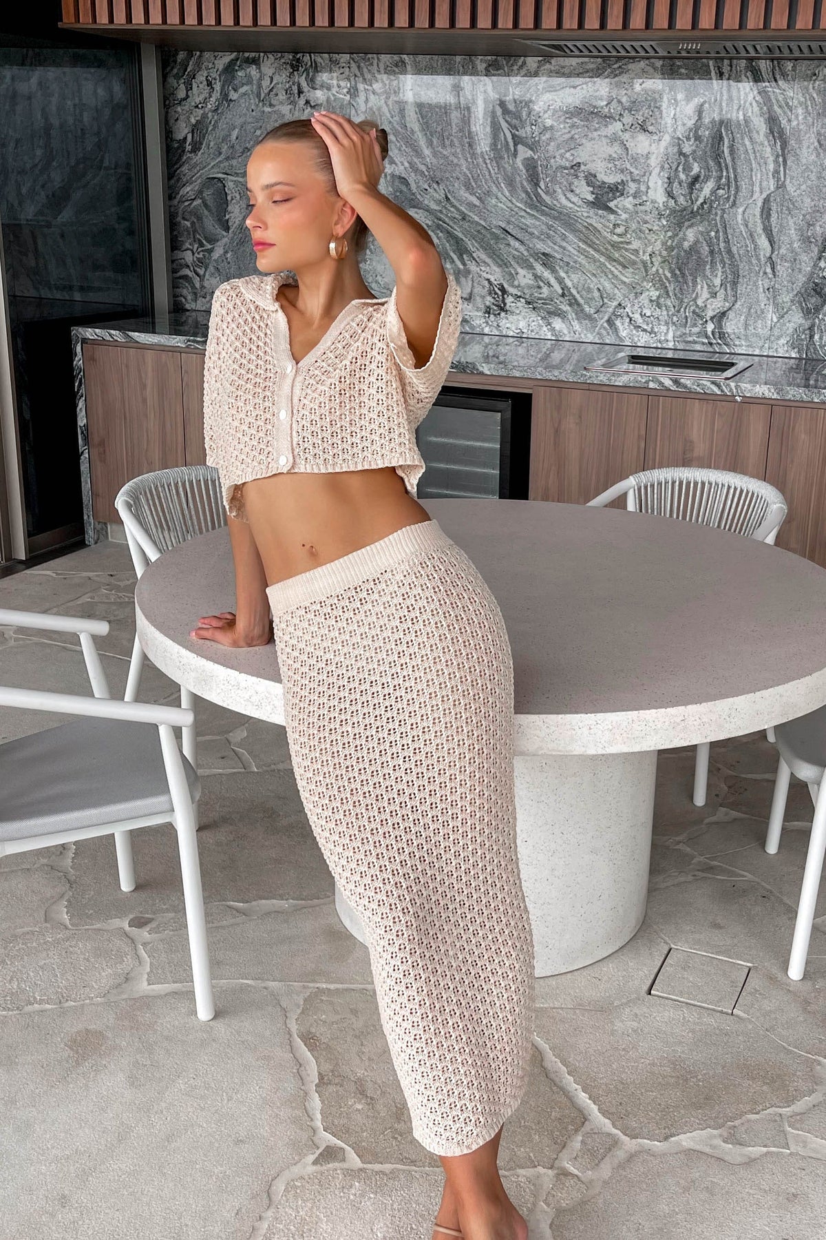 Viella Skirt, ACRYLIC &amp; POLYESTER, ACRYLIC AND POLYESTER, BEIGE, BOTTOMS, HIGH WAISTED, MAXI SKIRT, MIDI SKIRT, new arrivals, POLYESTER &amp; ACRYLIC, SKIRTS, , -MISHKAH