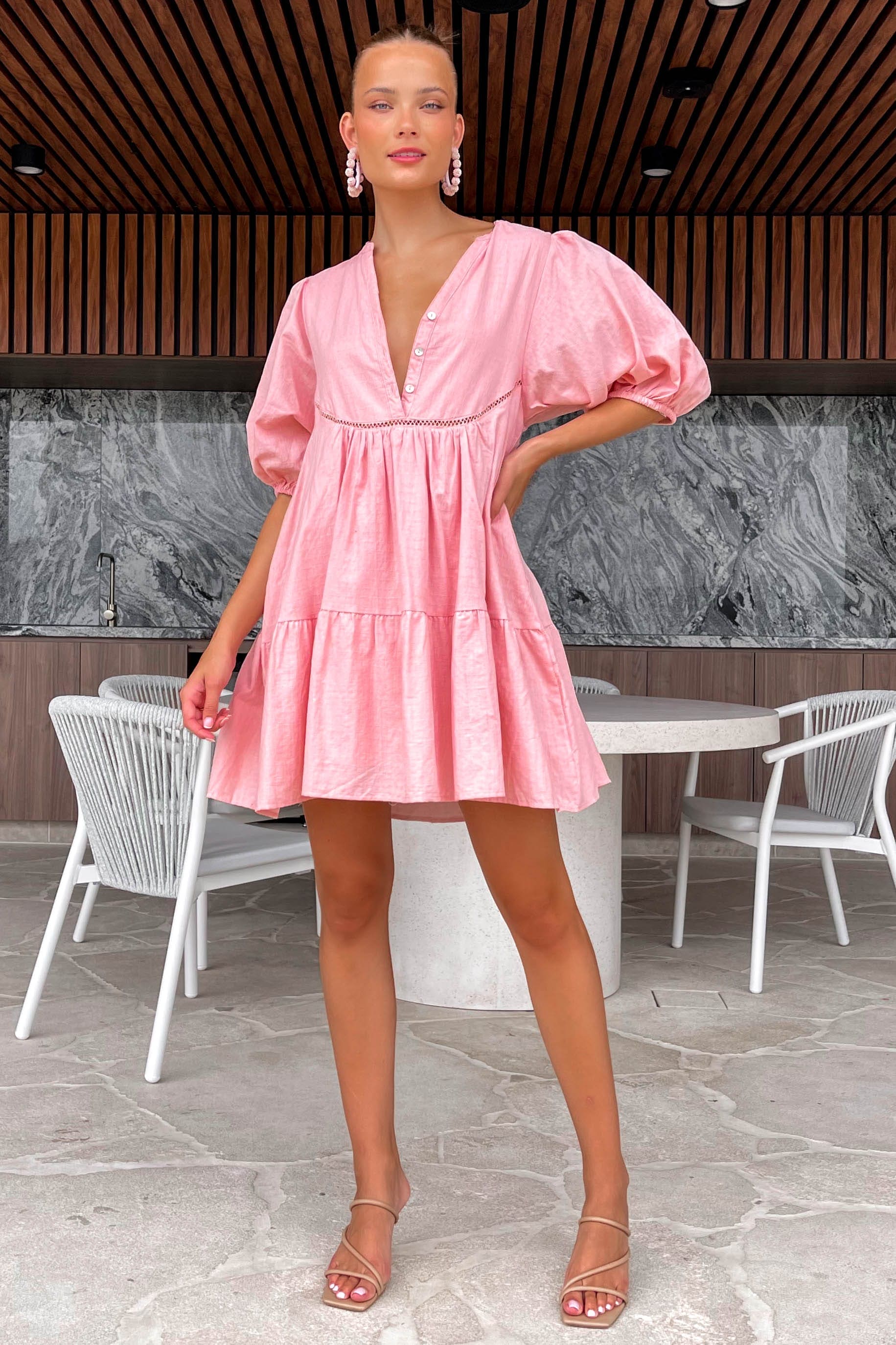 Adlie Dress, BALLOON SLEEVE, COTTON & LINEN, COTTON AND LINEN, DRESS, DRESSES, LINEN AND COTTON, LONG SLEEVE, MINI DRESS, PINK, , -MISHKAH