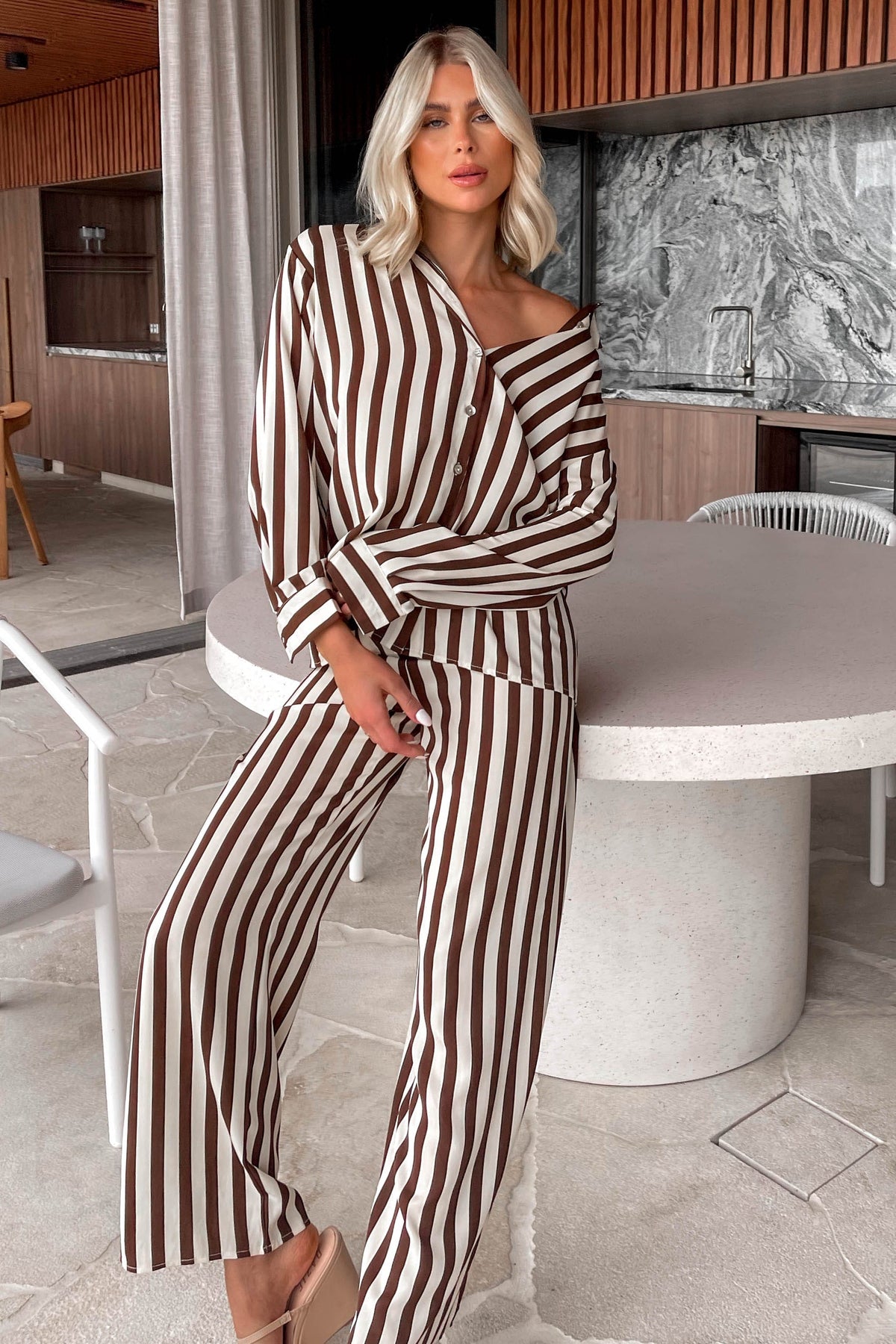 Allira Set, BOTTOMS, BROWN, CASUAL TOPS, HIGH WAISTED PANTS, HIGH WAISTED SETS, LONG SLEEVE, new arrivals, PANTS, POLYESTER, SETS, TOP, TOPS, , -MISHKAH