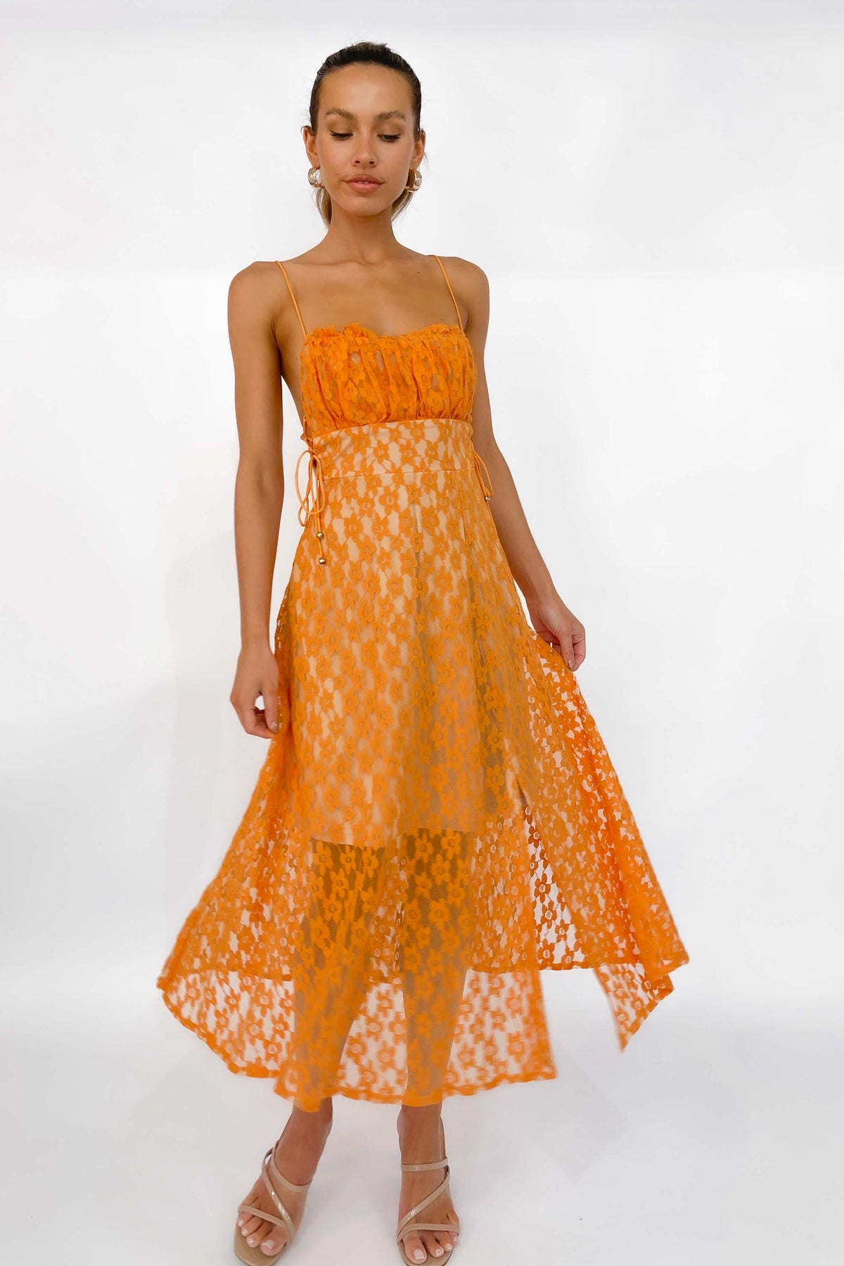 Amalyn Dress, DRESS, DRESSES, FLORAL, FLORALS, MIDI DRESS, new arrivals, ORANGE, POLYESTER, , -MISHKAH