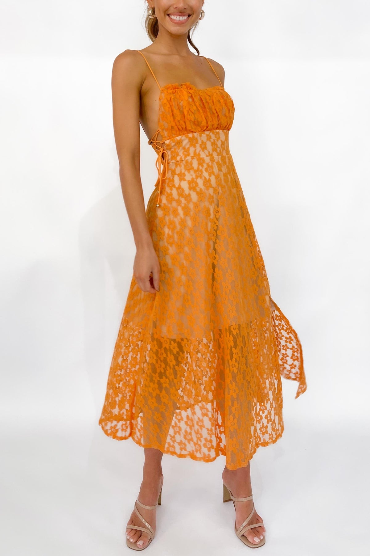 Amalyn Dress, DRESS, DRESSES, FLORAL, FLORALS, MIDI DRESS, new arrivals, ORANGE, POLYESTER, , -MISHKAH