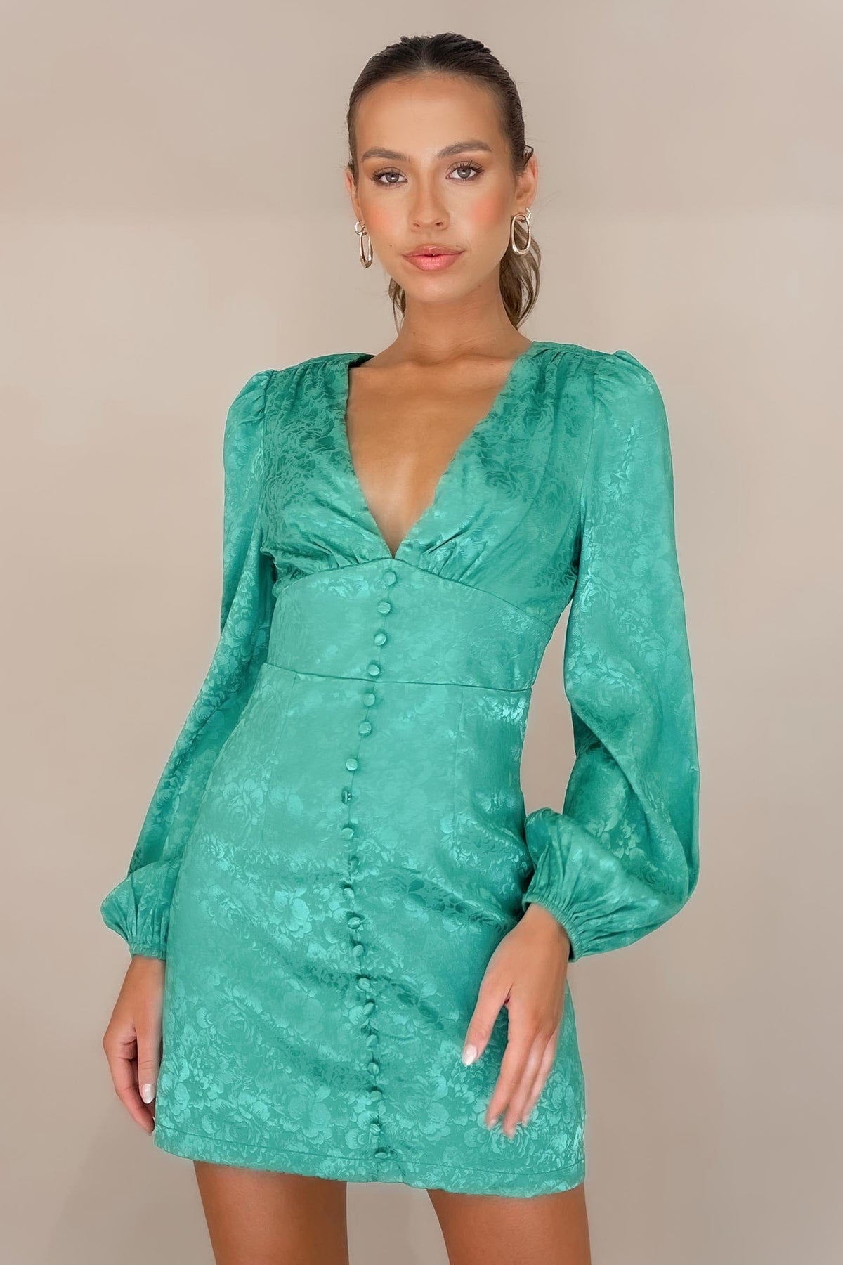 Annaletta Dress, BALLOON SLEEVE, BODYCON, DRESS, DRESSES, GREEN, LONG SLEEVE, MINI DRESS, NEW ARRIVALS, POLYESTER, , -MISHKAH