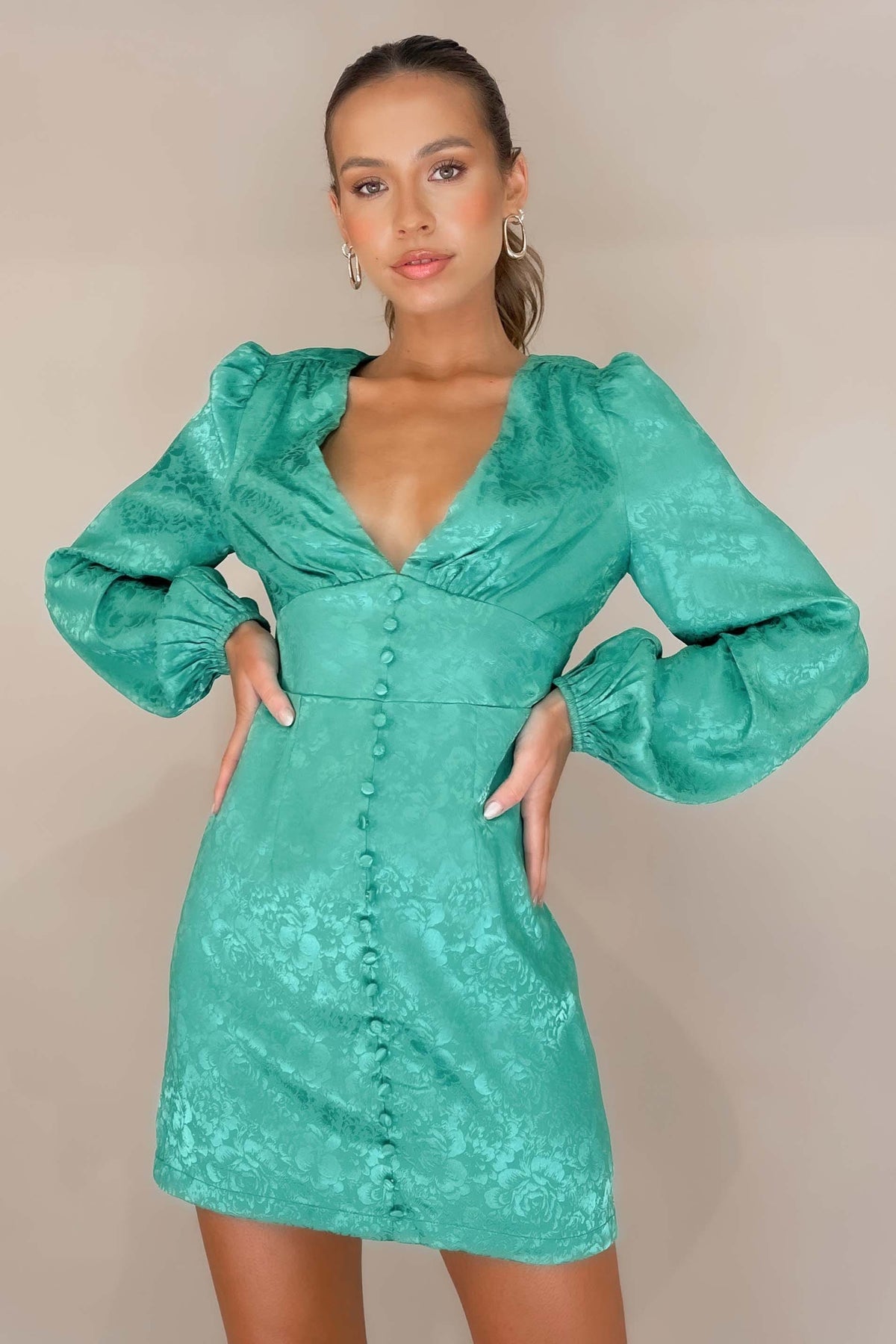 Annaletta Dress, BALLOON SLEEVE, BODYCON, DRESS, DRESSES, GREEN, LONG SLEEVE, MINI DRESS, NEW ARRIVALS, POLYESTER, , -MISHKAH