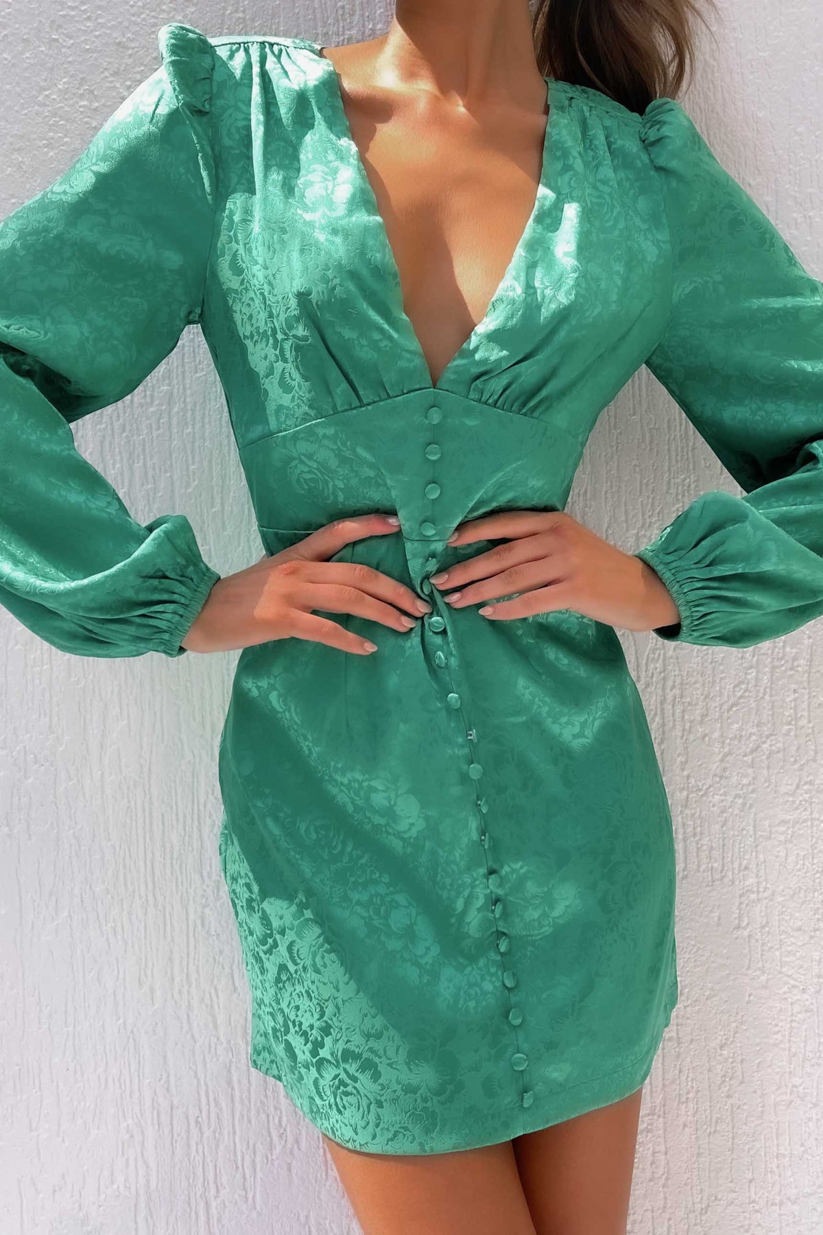 Annaletta Dress, BALLOON SLEEVE, BODYCON, DRESS, DRESSES, GREEN, LONG SLEEVE, MINI DRESS, NEW ARRIVALS, POLYESTER, , -MISHKAH