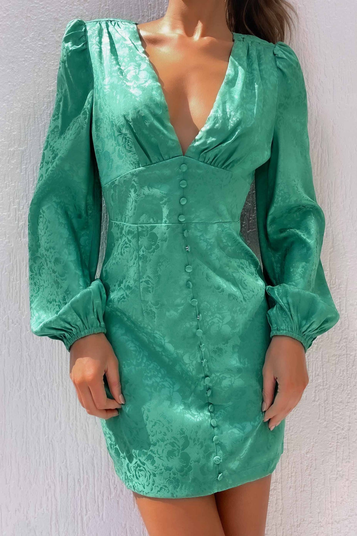 Annaletta Dress, BALLOON SLEEVE, BODYCON, DRESS, DRESSES, GREEN, LONG SLEEVE, MINI DRESS, NEW ARRIVALS, POLYESTER, , -MISHKAH