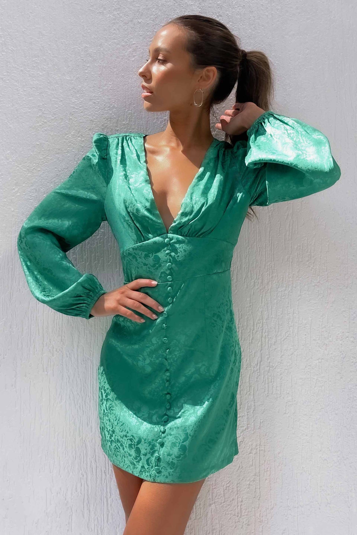 Annaletta Dress, BALLOON SLEEVE, BODYCON, DRESS, DRESSES, GREEN, LONG SLEEVE, MINI DRESS, NEW ARRIVALS, POLYESTER, , -MISHKAH