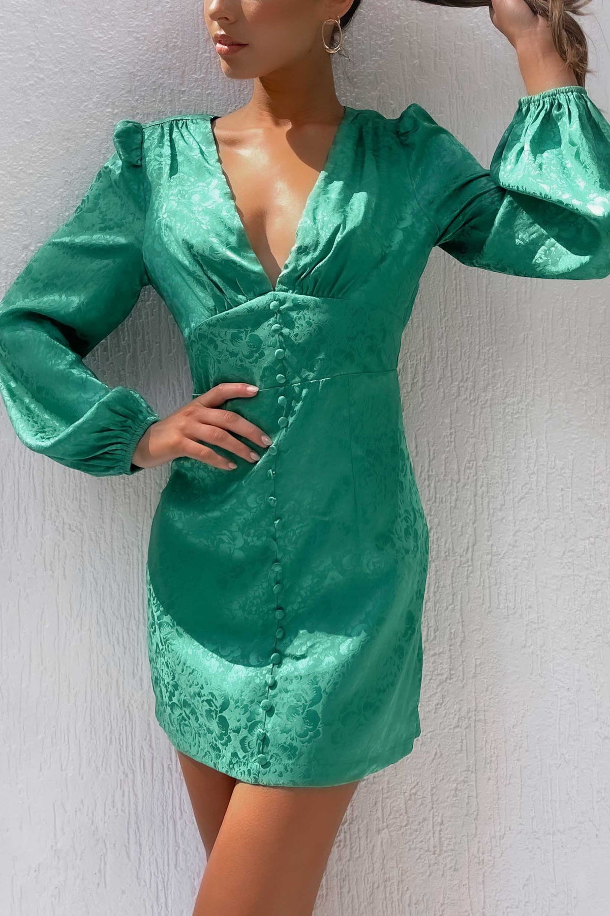 Annaletta Dress, BALLOON SLEEVE, BODYCON, DRESS, DRESSES, GREEN, LONG SLEEVE, MINI DRESS, NEW ARRIVALS, POLYESTER, , -MISHKAH