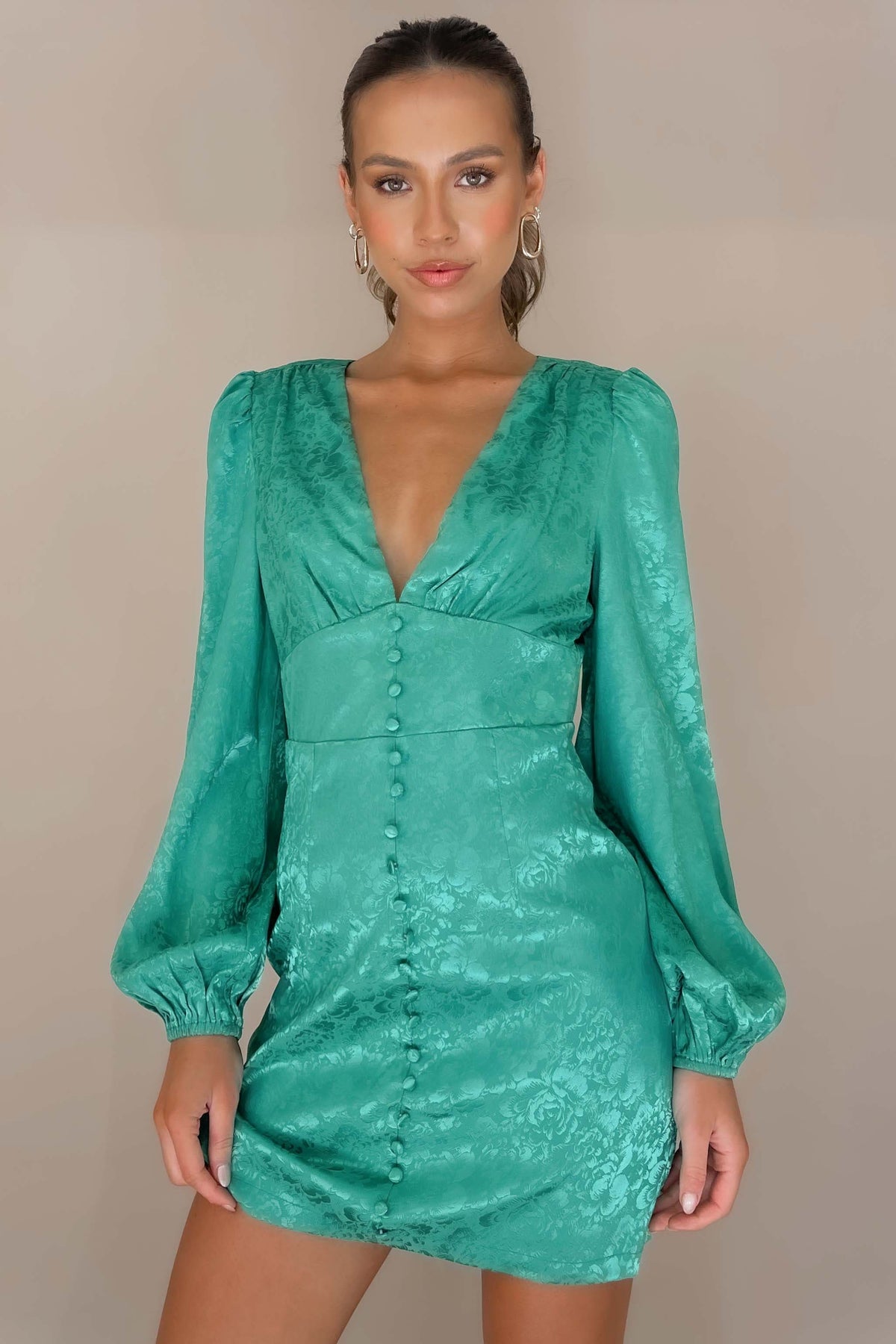 Annaletta Dress, BALLOON SLEEVE, BODYCON, DRESS, DRESSES, GREEN, LONG SLEEVE, MINI DRESS, NEW ARRIVALS, POLYESTER, , -MISHKAH