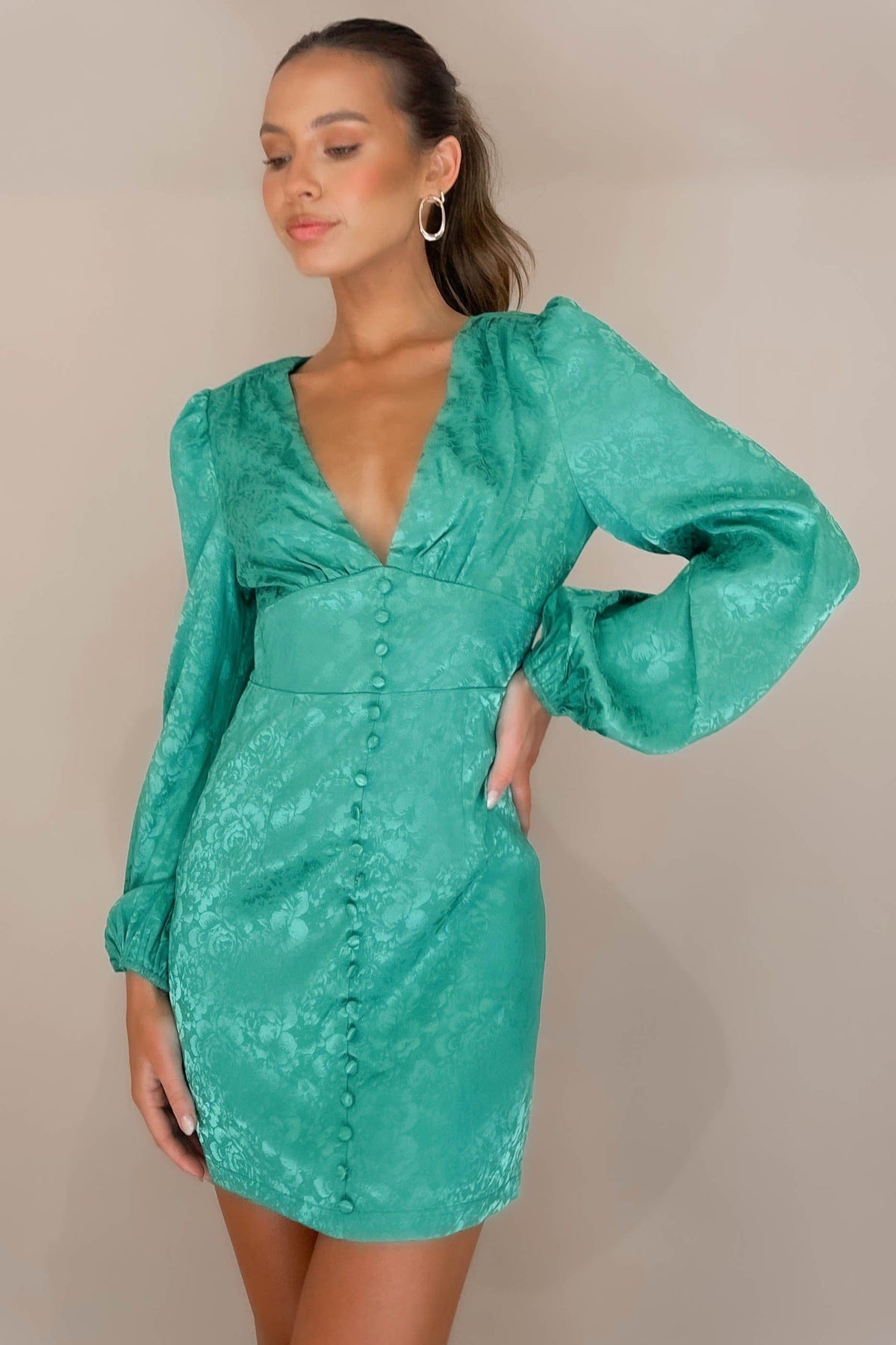 Annaletta Dress, BALLOON SLEEVE, BODYCON, DRESS, DRESSES, GREEN, LONG SLEEVE, MINI DRESS, NEW ARRIVALS, POLYESTER, , -MISHKAH