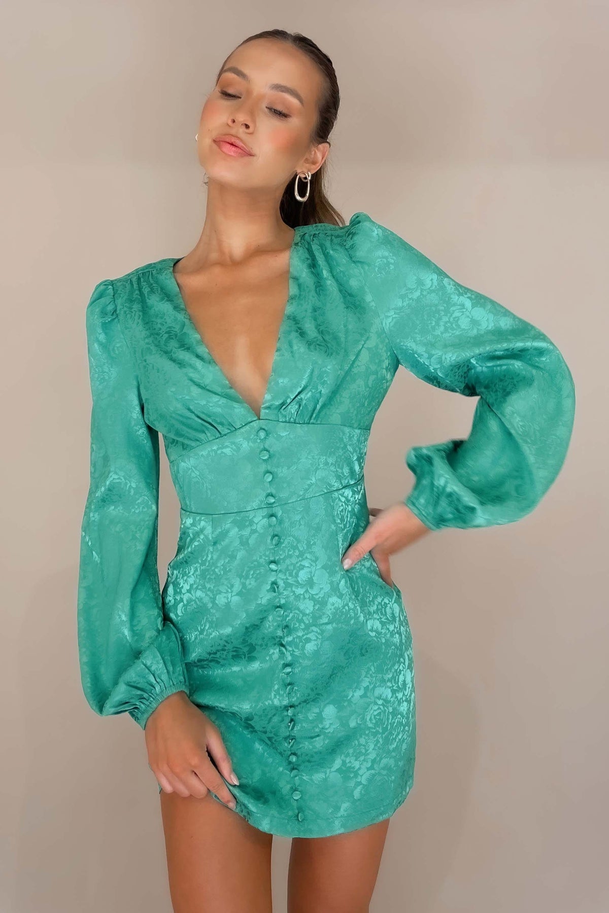 Annaletta Dress, BALLOON SLEEVE, BODYCON, DRESS, DRESSES, GREEN, LONG SLEEVE, MINI DRESS, NEW ARRIVALS, POLYESTER, , -MISHKAH