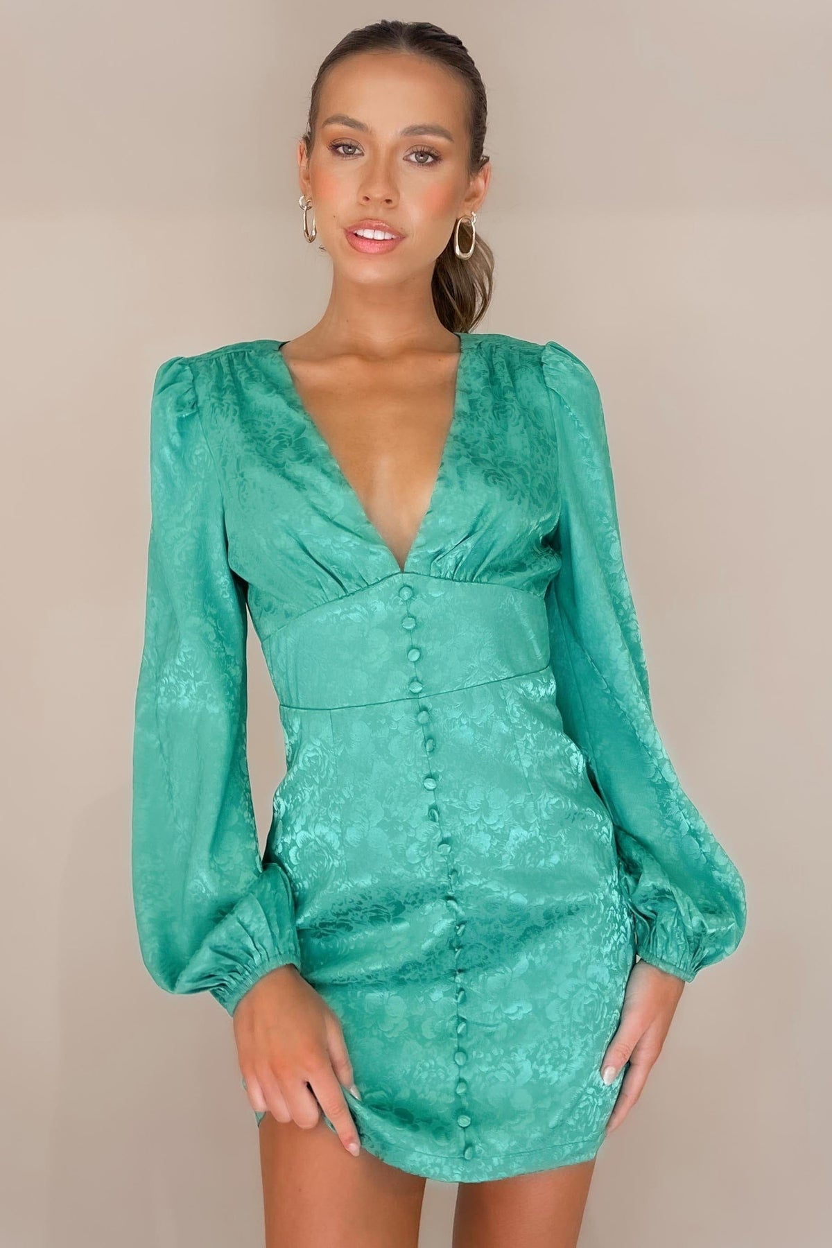 Annaletta Dress, BALLOON SLEEVE, BODYCON, DRESS, DRESSES, GREEN, LONG SLEEVE, MINI DRESS, NEW ARRIVALS, POLYESTER, , -MISHKAH