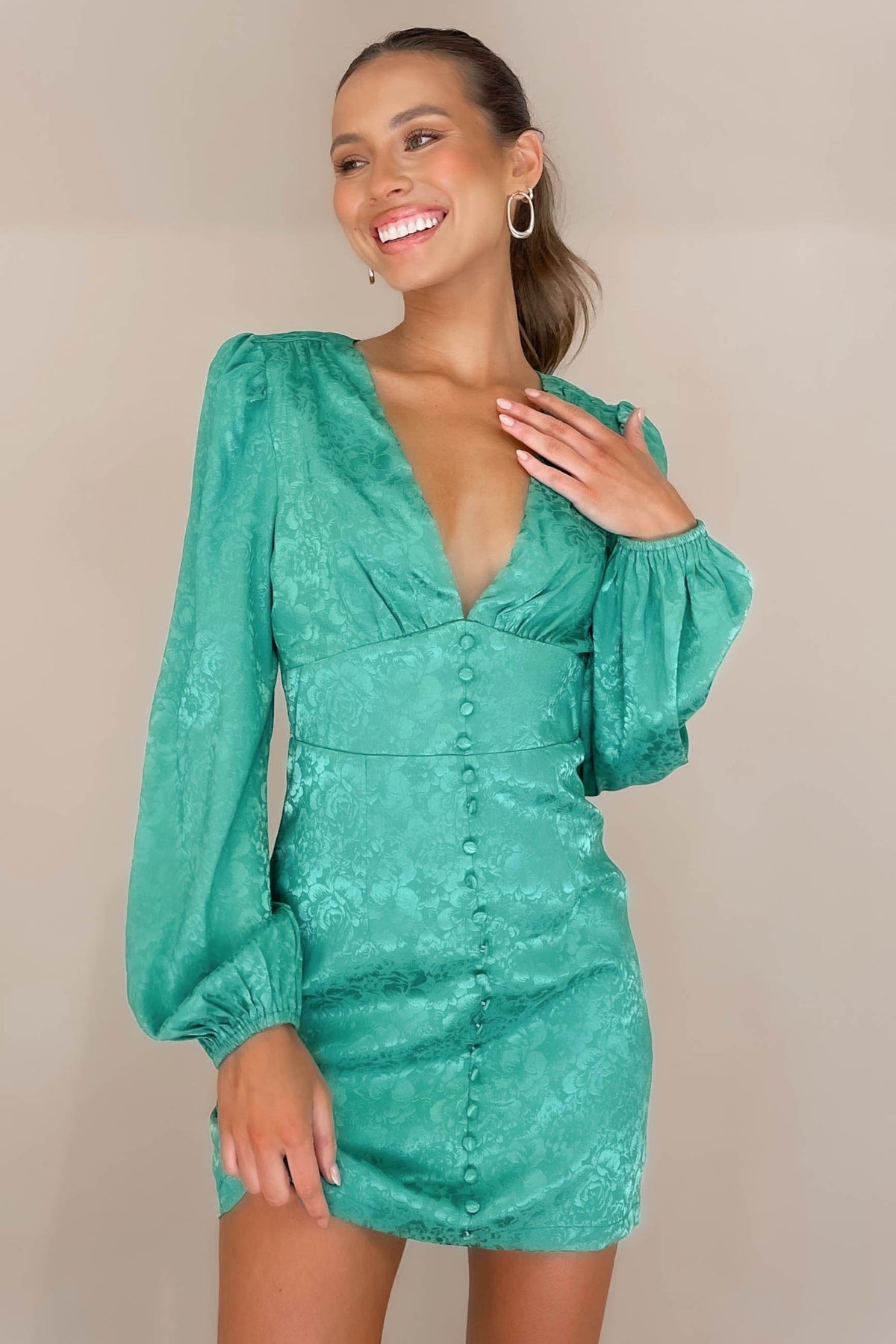 Annaletta Dress, BALLOON SLEEVE, BODYCON, DRESS, DRESSES, GREEN, LONG SLEEVE, MINI DRESS, NEW ARRIVALS, POLYESTER, , -MISHKAH