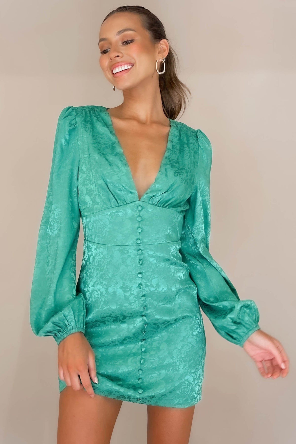 Annaletta Dress, BALLOON SLEEVE, BODYCON, DRESS, DRESSES, GREEN, LONG SLEEVE, MINI DRESS, NEW ARRIVALS, POLYESTER, , -MISHKAH