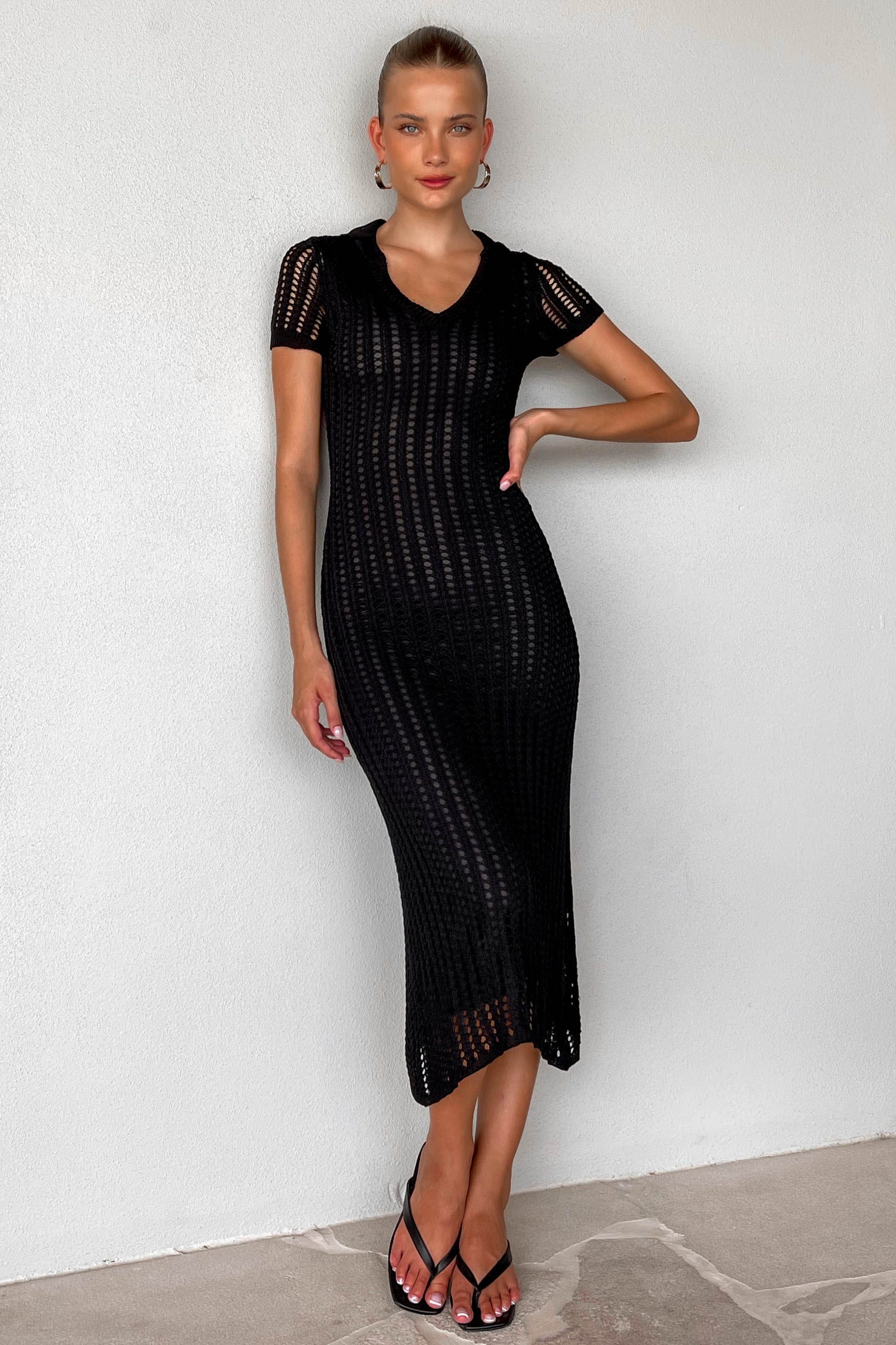 Annia Dress, BLACK, CROCHET, DRESS, DRESSES, MIDI DRESS, new arrivals, POLYESTER, , -MISHKAH