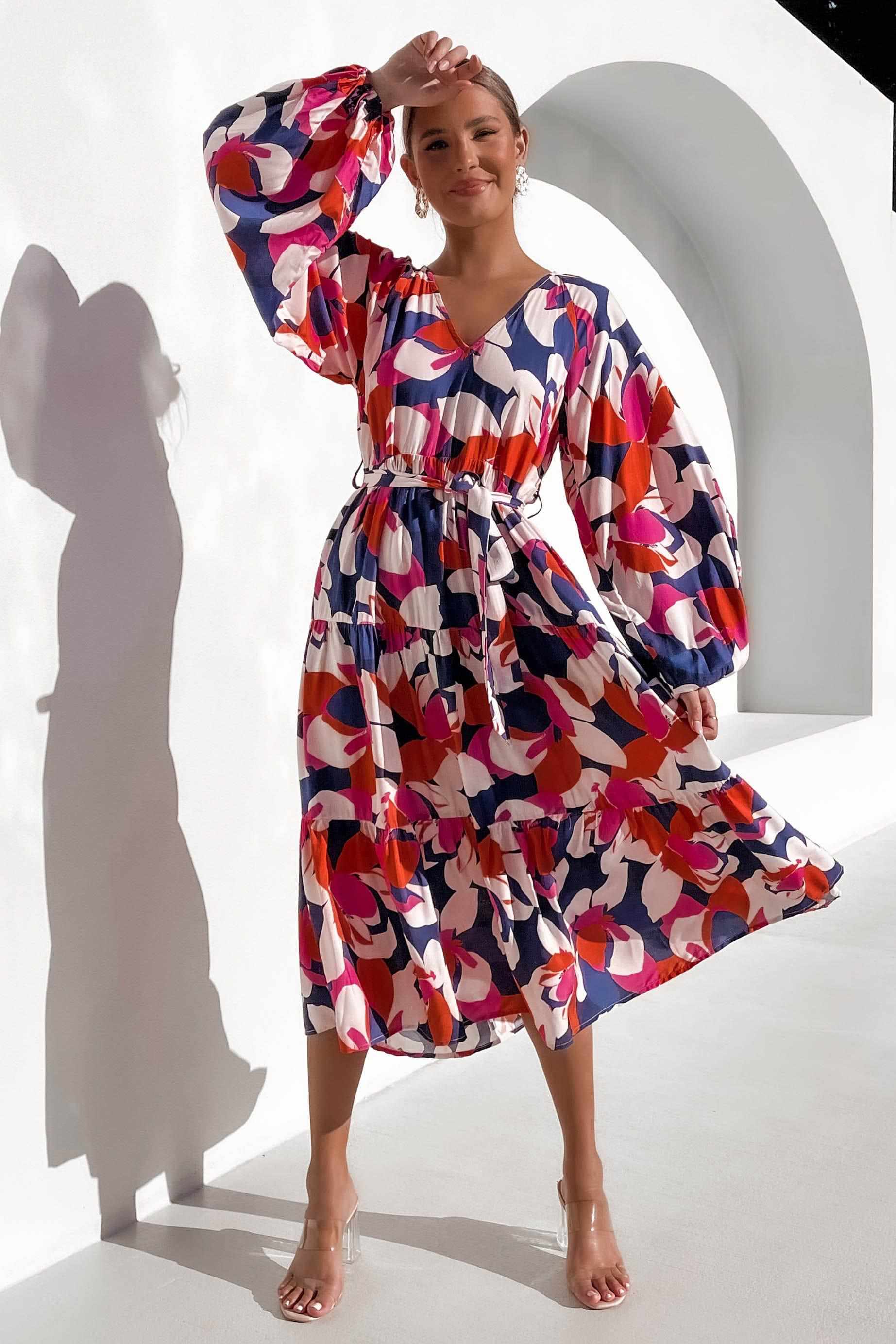 Anny Dress, BALLOON SLEEVE, BLUE, DRESS, DRESSES, LONG SLEEVE, MIDI DRESS, PATTERN, PRINT, RAYON, RED, WAIST TIE, Anny Dress only $71.00 @ MISHKAH ONLINE FASHION BOUTIQUE, Shop The Latest Women's Dresses - Our New Anny Dress is only $71.00, @ MISHKAH ONLINE FASHION BOUTIQUE-MISHKAH