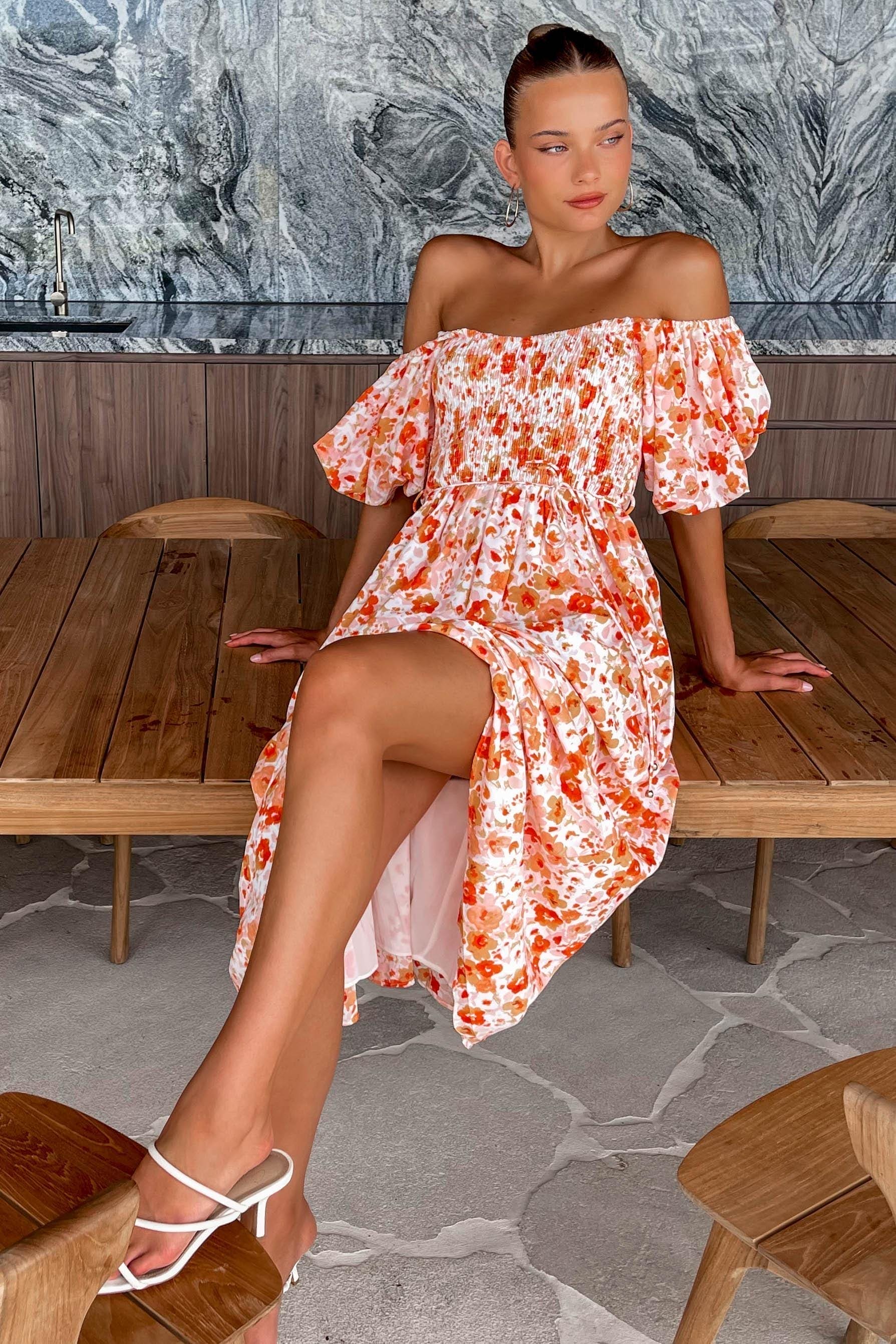 Astin Dress, BALLOON SLEEVE, DRESS, DRESSES, FLORAL, FLORALS, MIDI DRESS, new arrivals, ORANGE, POLYESTER, , -MISHKAH