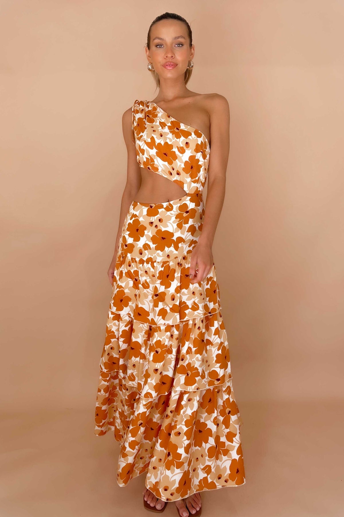 Autumn Night Dress, BROWN, COTTON &amp; POLYESTER, COTTON AND POLYESTER, DRESS, DRESSES, FLORAL, FLORALS, MAXI DRESS, MIDI DRESS, ONE SHOULDER, POLYESTER AND COTTON, , -MISHKAH