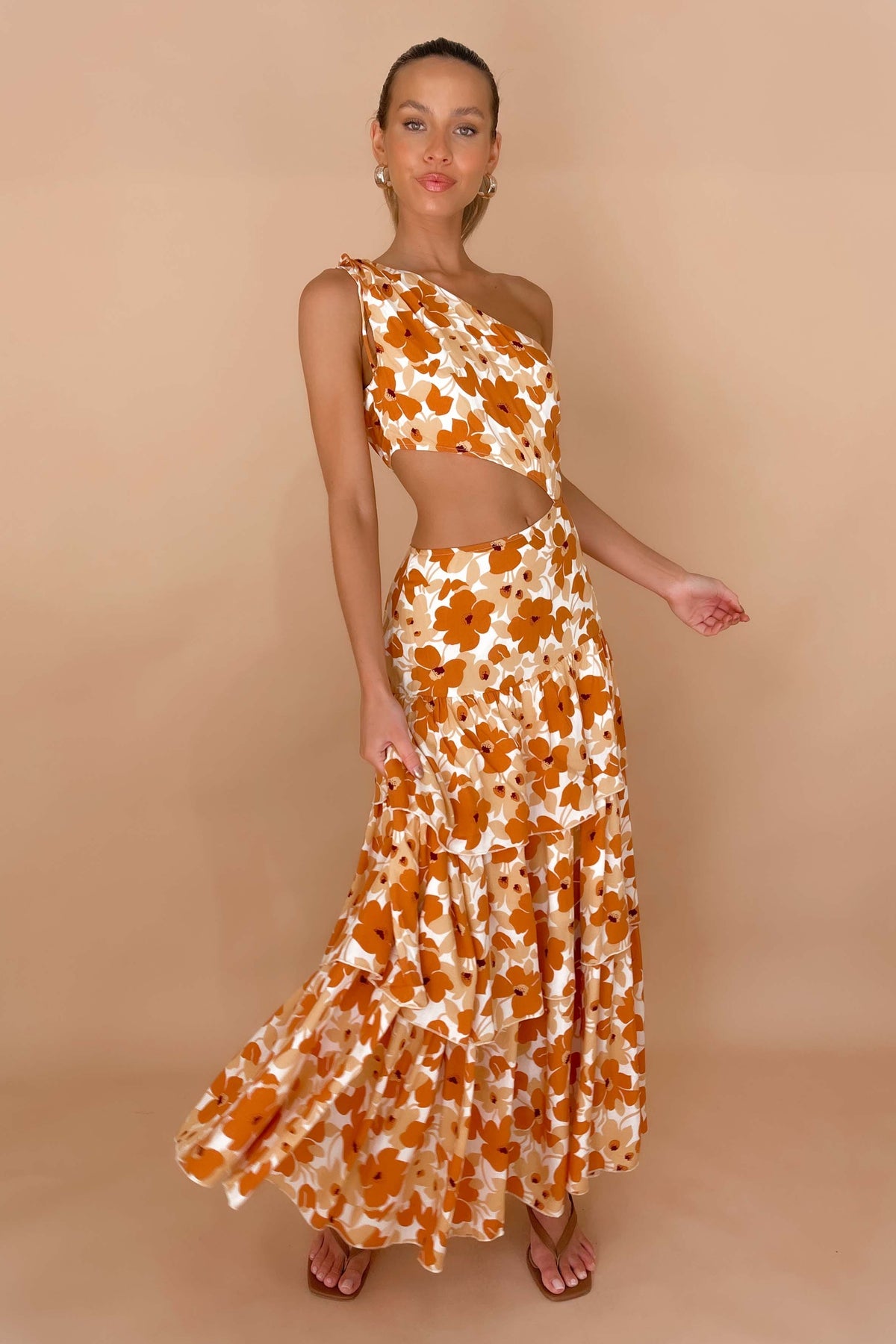 Autumn Night Dress, BROWN, COTTON &amp; POLYESTER, COTTON AND POLYESTER, DRESS, DRESSES, FLORAL, FLORALS, MAXI DRESS, MIDI DRESS, ONE SHOULDER, POLYESTER AND COTTON, , -MISHKAH