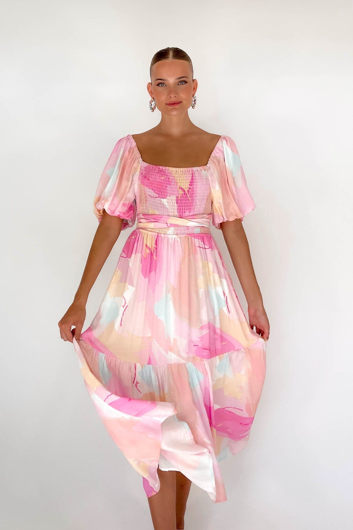 Azarie Dress, BALLOON SLEEVE, DRESS, DRESSES, LINEN &amp; POLYESTER, LINEN AND POLYESTER, MIDI DRESS, new arrivals, PINK, POLYESTER AND LINEN, , -MISHKAH