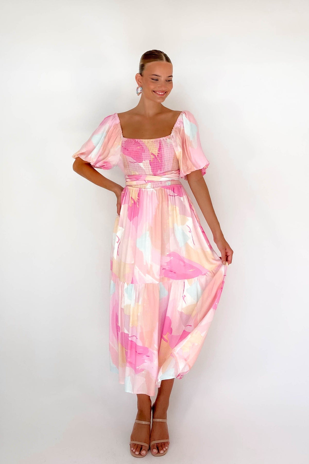 Azarie Dress, BALLOON SLEEVE, DRESS, DRESSES, LINEN &amp; POLYESTER, LINEN AND POLYESTER, MIDI DRESS, new arrivals, PINK, POLYESTER AND LINEN, , -MISHKAH