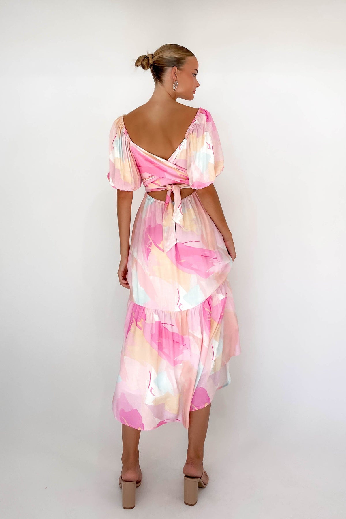 Azarie Dress, BALLOON SLEEVE, DRESS, DRESSES, LINEN &amp; POLYESTER, LINEN AND POLYESTER, MIDI DRESS, new arrivals, PINK, POLYESTER AND LINEN, , -MISHKAH