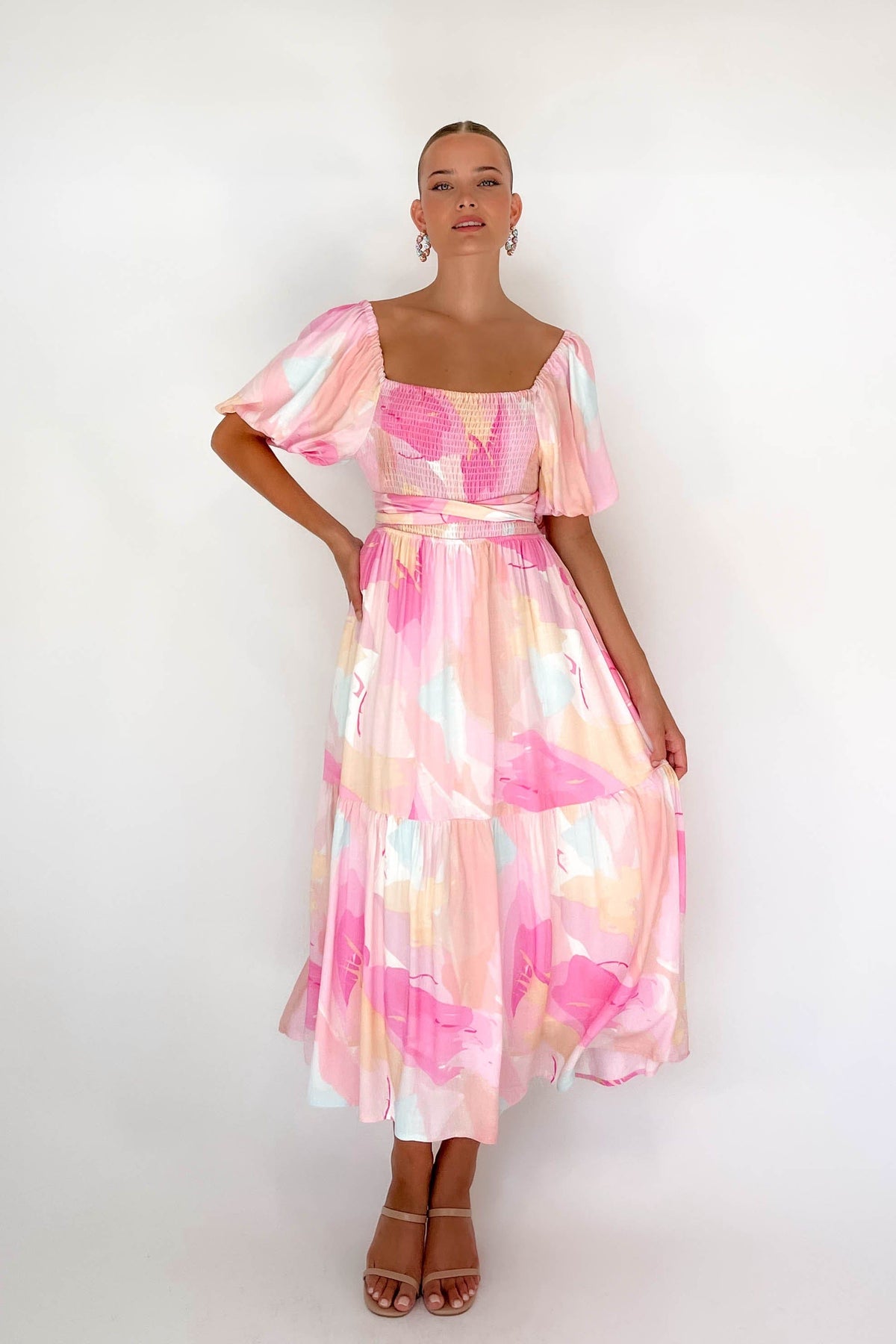 Azarie Dress, BALLOON SLEEVE, DRESS, DRESSES, LINEN &amp; POLYESTER, LINEN AND POLYESTER, MIDI DRESS, new arrivals, PINK, POLYESTER AND LINEN, , -MISHKAH