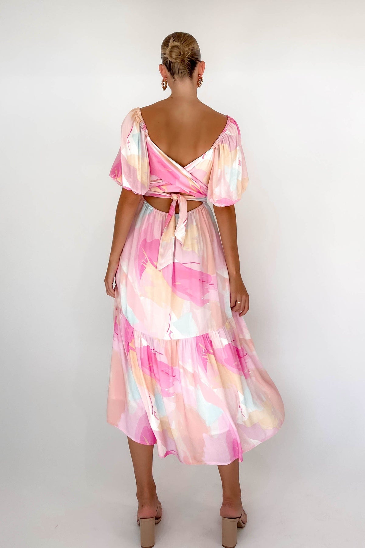 Azarie Dress, BALLOON SLEEVE, DRESS, DRESSES, LINEN &amp; POLYESTER, LINEN AND POLYESTER, MIDI DRESS, new arrivals, PINK, POLYESTER AND LINEN, , -MISHKAH