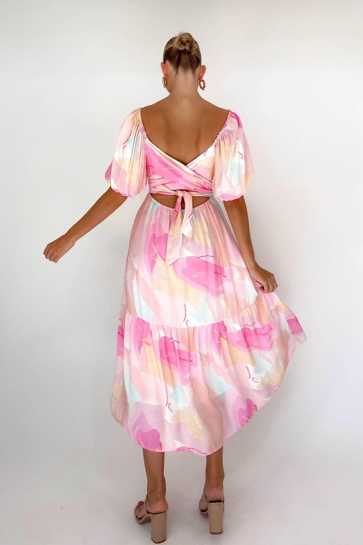 Azarie Dress, BALLOON SLEEVE, DRESS, DRESSES, LINEN &amp; POLYESTER, LINEN AND POLYESTER, MIDI DRESS, new arrivals, PINK, POLYESTER AND LINEN, , -MISHKAH