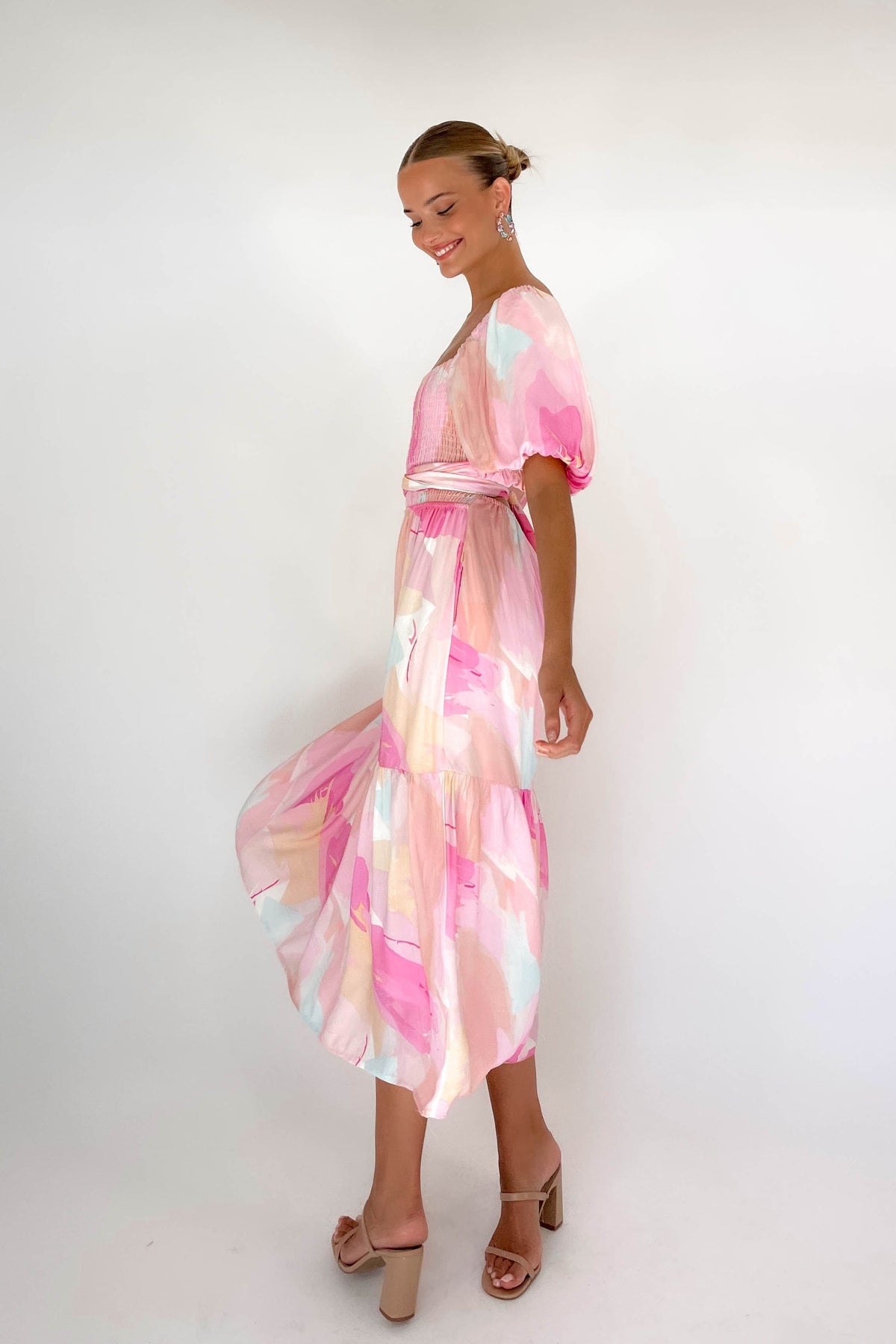 Azarie Dress, BALLOON SLEEVE, DRESS, DRESSES, LINEN &amp; POLYESTER, LINEN AND POLYESTER, MIDI DRESS, new arrivals, PINK, POLYESTER AND LINEN, , -MISHKAH