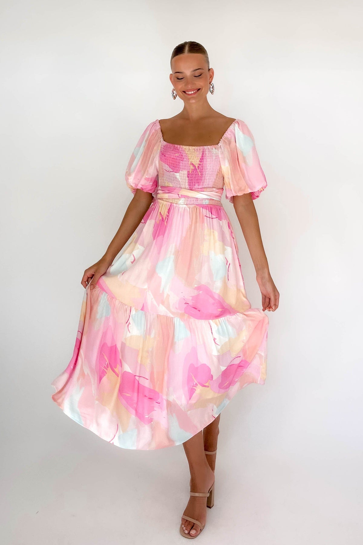 Azarie Dress, BALLOON SLEEVE, DRESS, DRESSES, LINEN &amp; POLYESTER, LINEN AND POLYESTER, MIDI DRESS, new arrivals, PINK, POLYESTER AND LINEN, , -MISHKAH