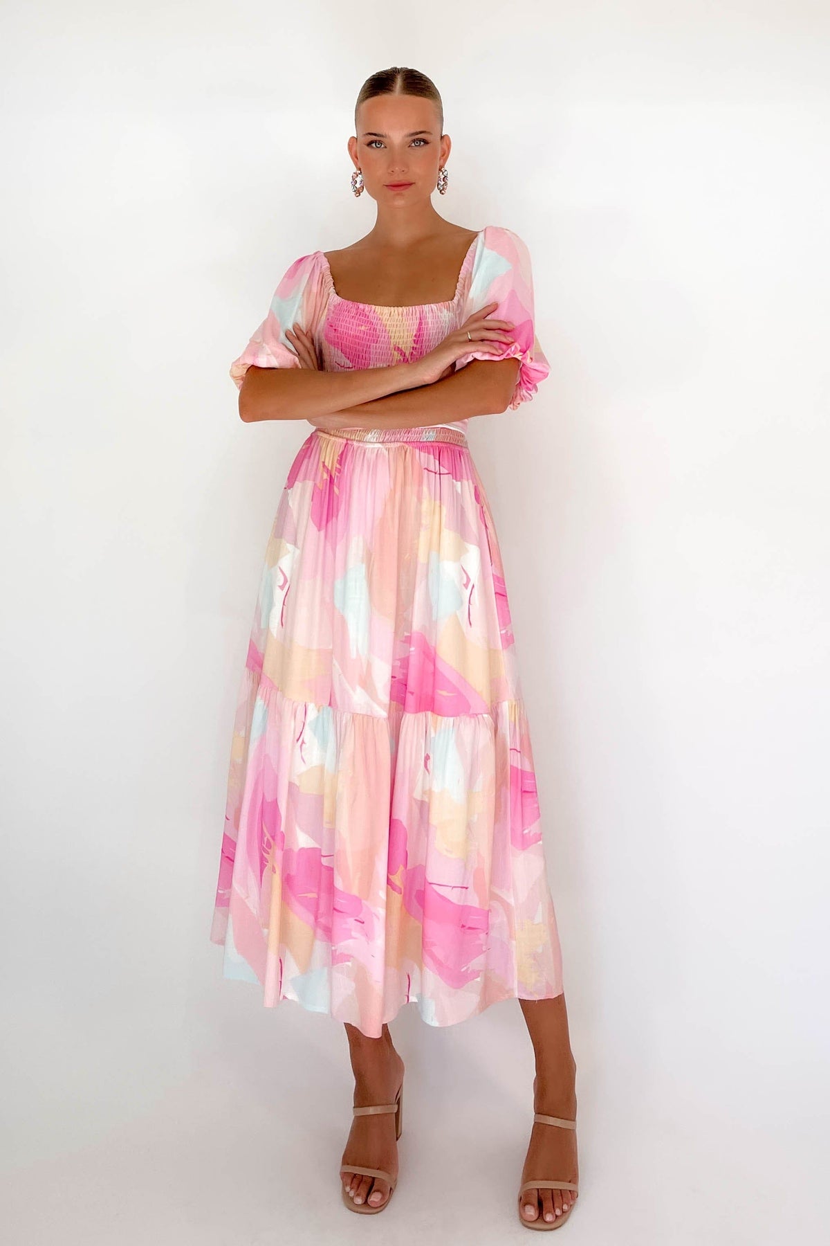 Azarie Dress, BALLOON SLEEVE, DRESS, DRESSES, LINEN &amp; POLYESTER, LINEN AND POLYESTER, MIDI DRESS, new arrivals, PINK, POLYESTER AND LINEN, , -MISHKAH