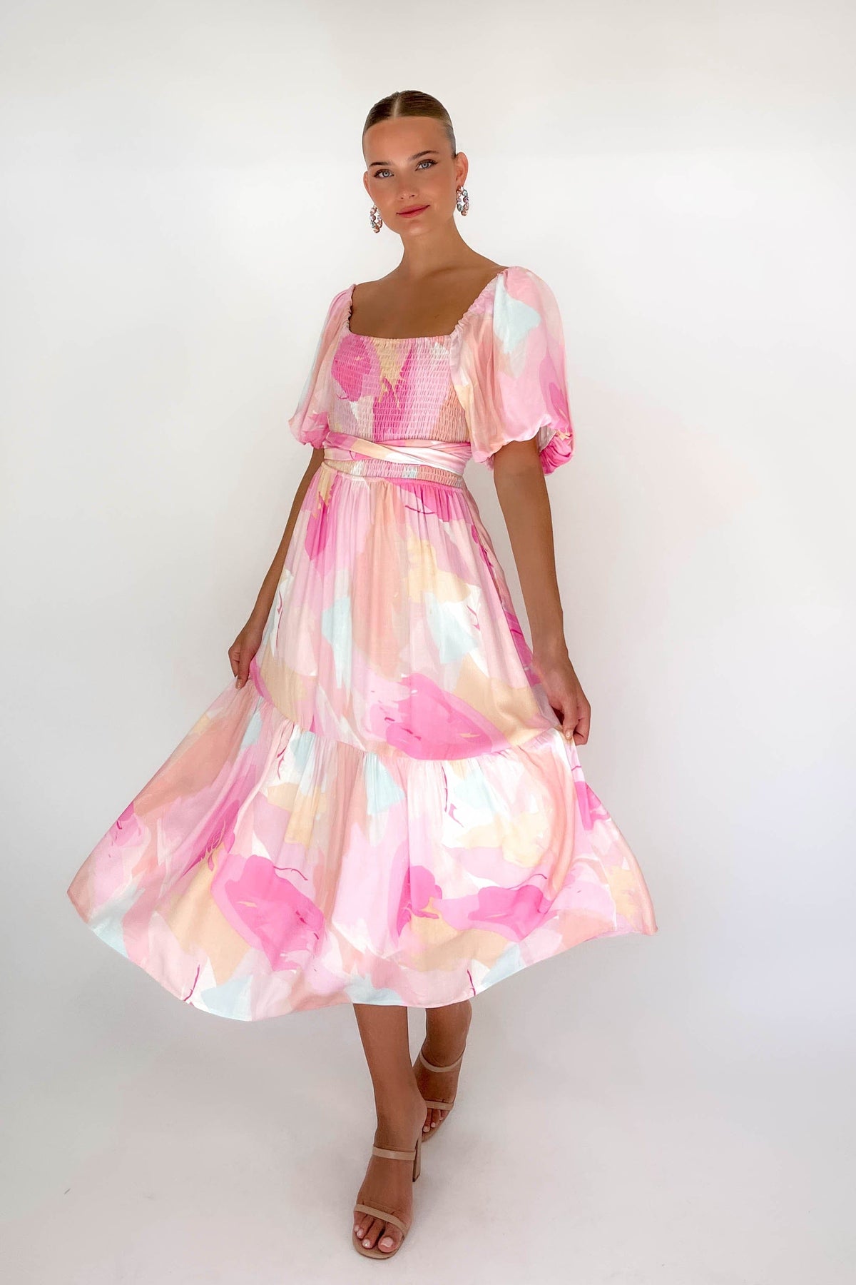 Azarie Dress, BALLOON SLEEVE, DRESS, DRESSES, LINEN &amp; POLYESTER, LINEN AND POLYESTER, MIDI DRESS, new arrivals, PINK, POLYESTER AND LINEN, , -MISHKAH