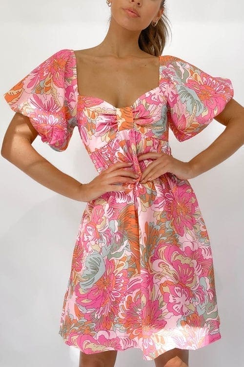 Baylia Dress, DRESS, DRESSES, FLORAL, LINEN & POLYESTER, LINEN AND POLYESTER, MINI DRESS, OFF SHOULDER, PINK, , -MISHKAH