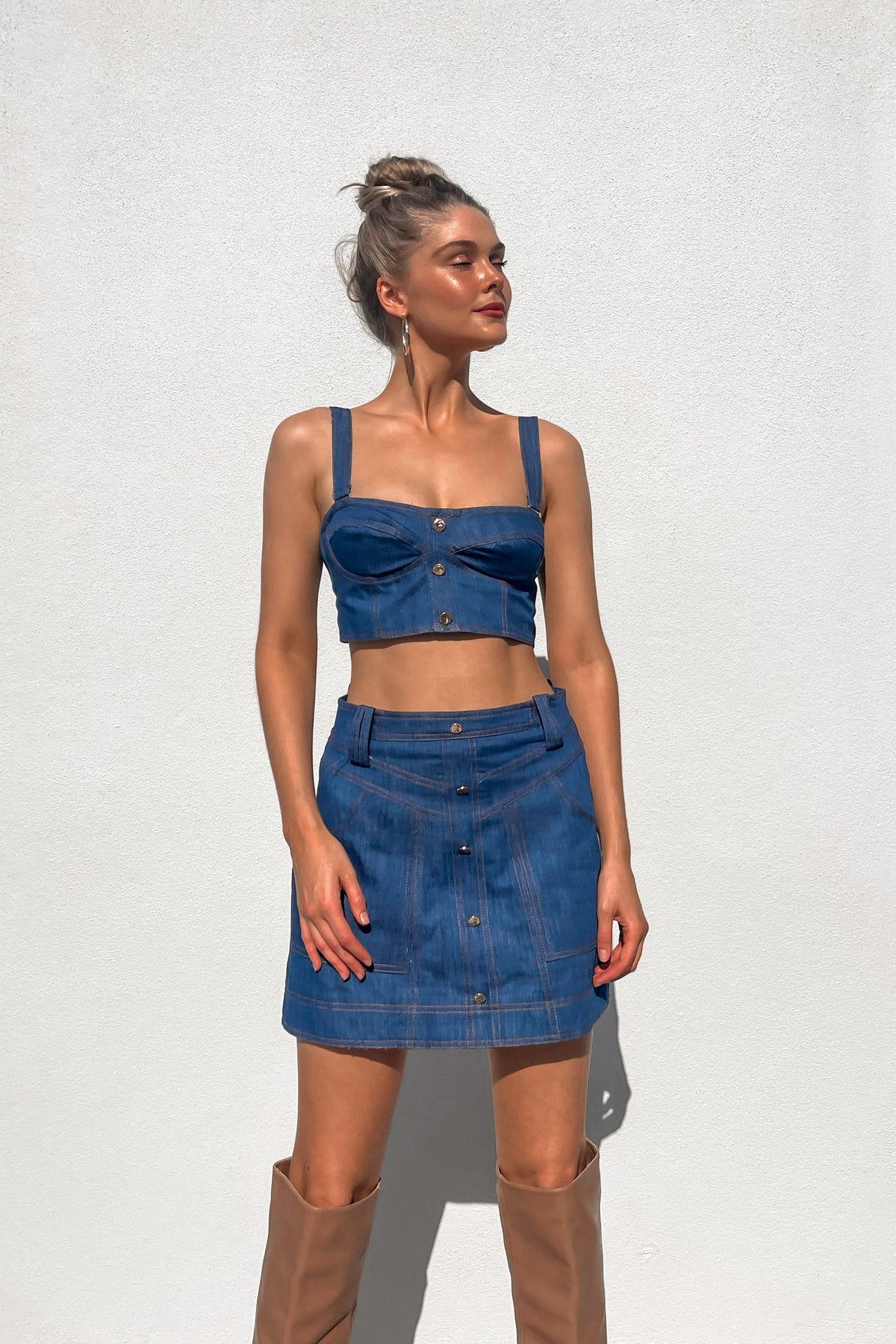 Beau Set, BLUE, BOTTOMS, CROP TOP, CROP TOPS, DENIM, MINI SKIRT, new arrivals, SETS, SKIRT, SKIRTS, TOP, TOPS, , -MISHKAH