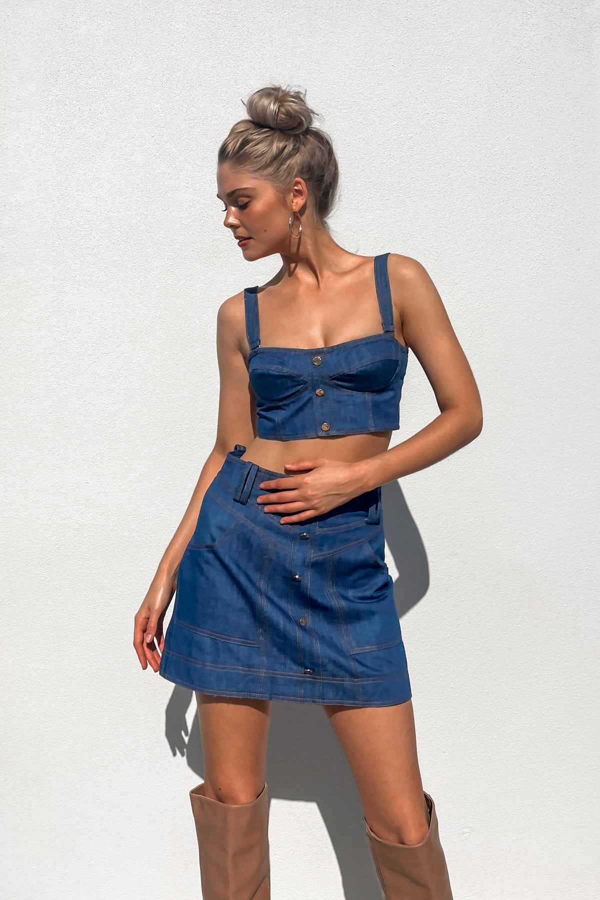 Beau Set, BLUE, BOTTOMS, CROP TOP, CROP TOPS, DENIM, MINI SKIRT, new arrivals, SETS, SKIRT, SKIRTS, TOP, TOPS, , -MISHKAH