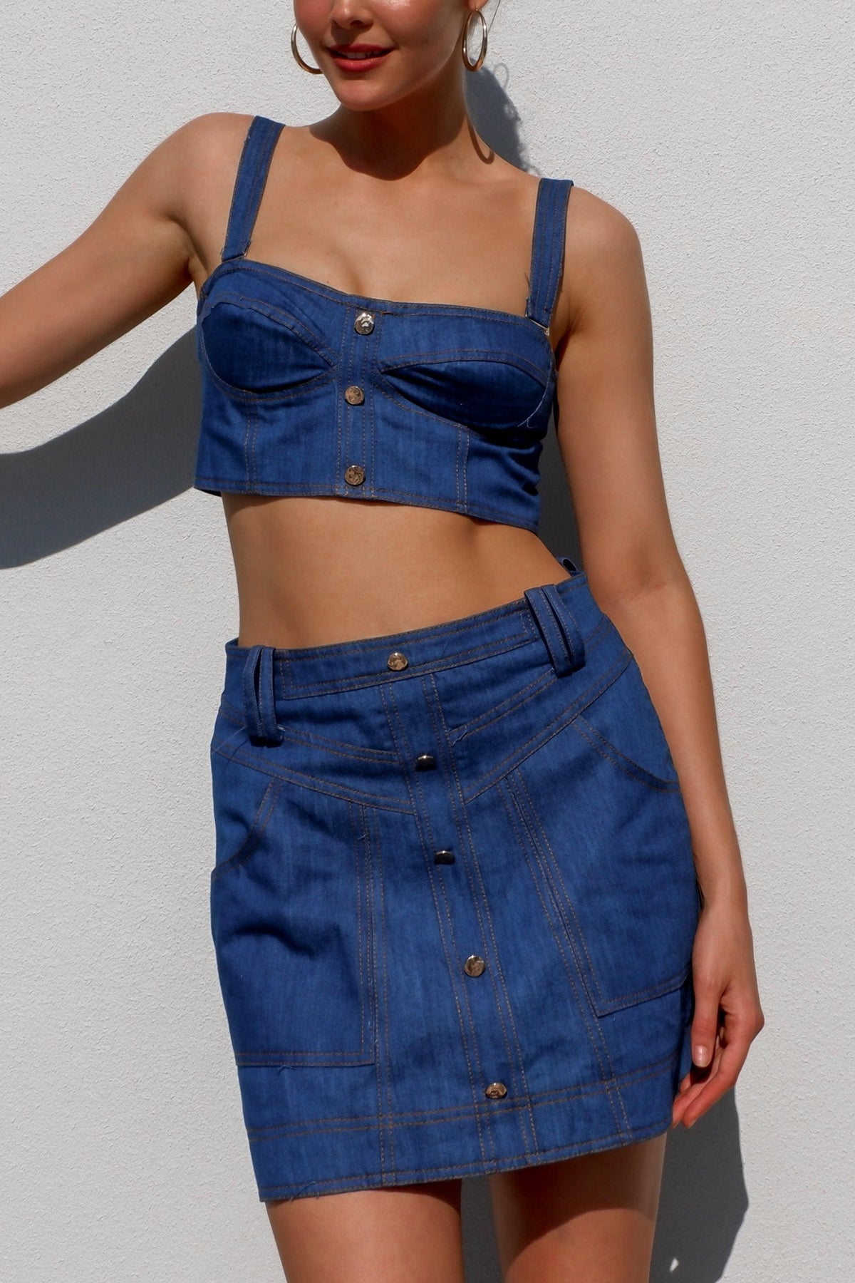 Beau Set, BLUE, BOTTOMS, CROP TOP, CROP TOPS, DENIM, MINI SKIRT, new arrivals, SETS, SKIRT, SKIRTS, TOP, TOPS, , -MISHKAH