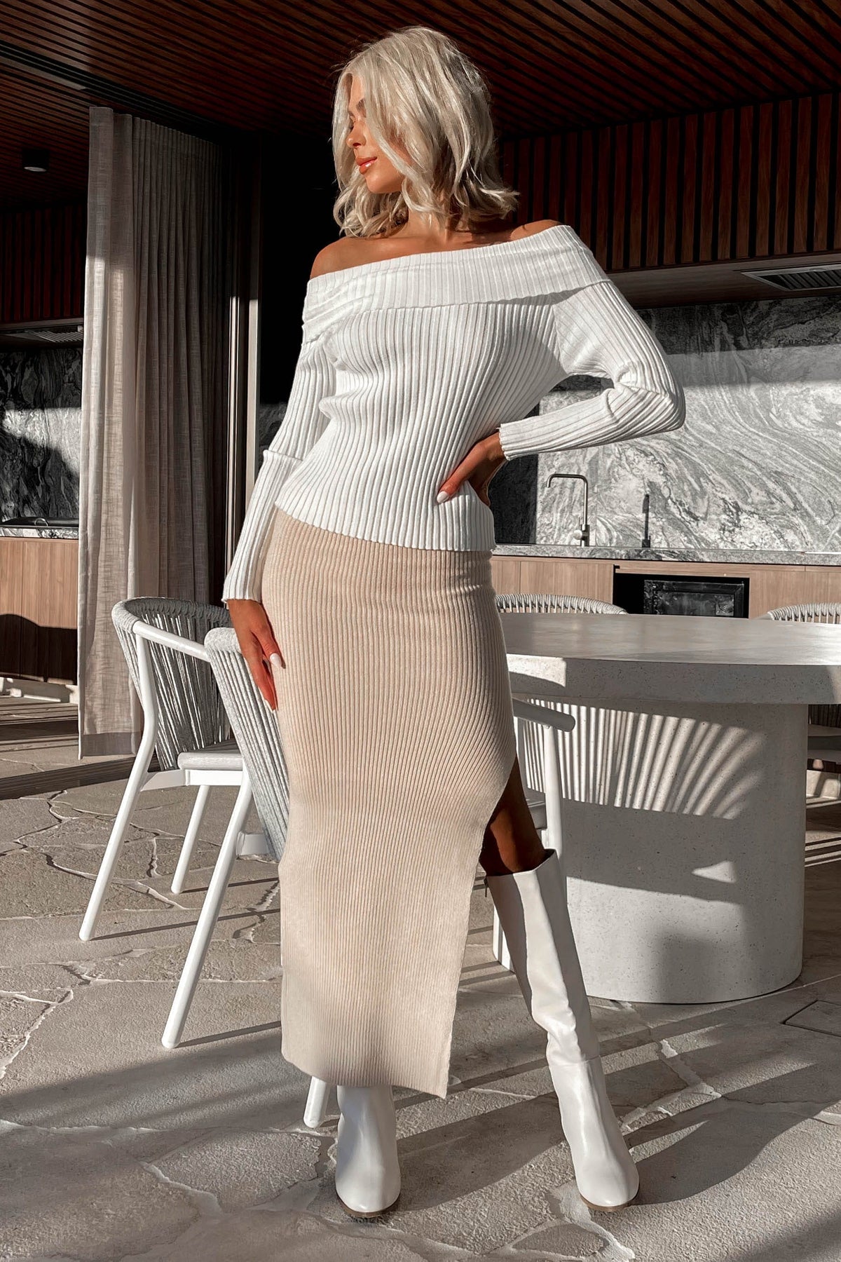 Beylinda Top, ACRYLIC &amp; NYLON &amp; POLYESTER, ACRYLIC AND NYLON AND POLYESTER, KNIT, KNITS, KNITTED, KNITWEAR, LONG SLEEVE, new arrivals, OFF SHOULDER, TOP, TOPS, WHITE, , -MISHKAH