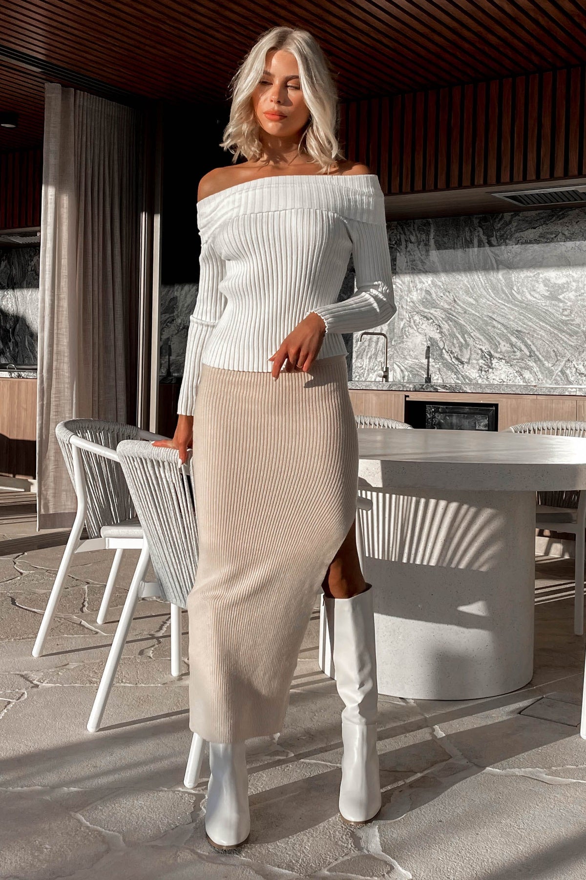 Beylinda Top, ACRYLIC &amp; NYLON &amp; POLYESTER, ACRYLIC AND NYLON AND POLYESTER, KNIT, KNITS, KNITTED, KNITWEAR, LONG SLEEVE, new arrivals, OFF SHOULDER, TOP, TOPS, WHITE, , -MISHKAH