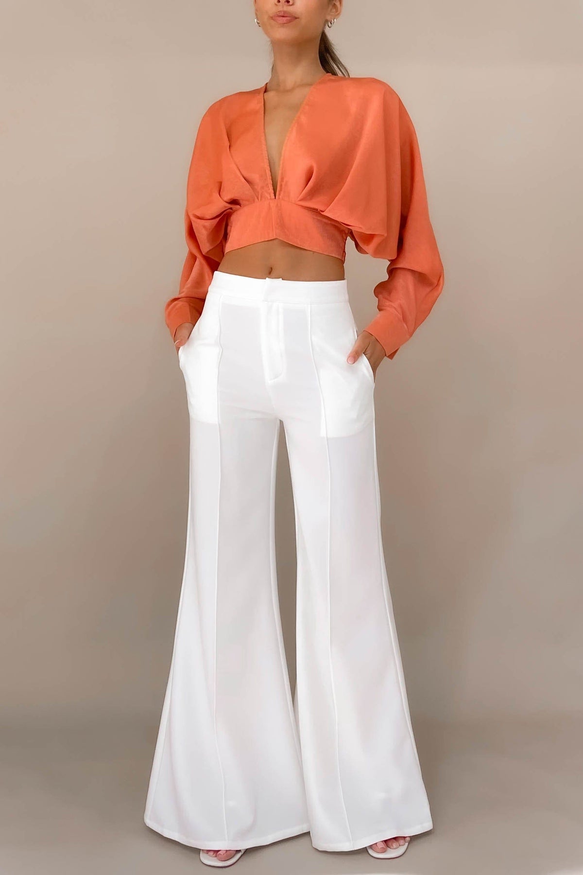 Blare Pants, BOTTOMS, HIGH WAISTED PANTS, NEW ARRIVALS, PANTS, POLYESTER, WHITE, WIDE LEG, , -MISHKAH