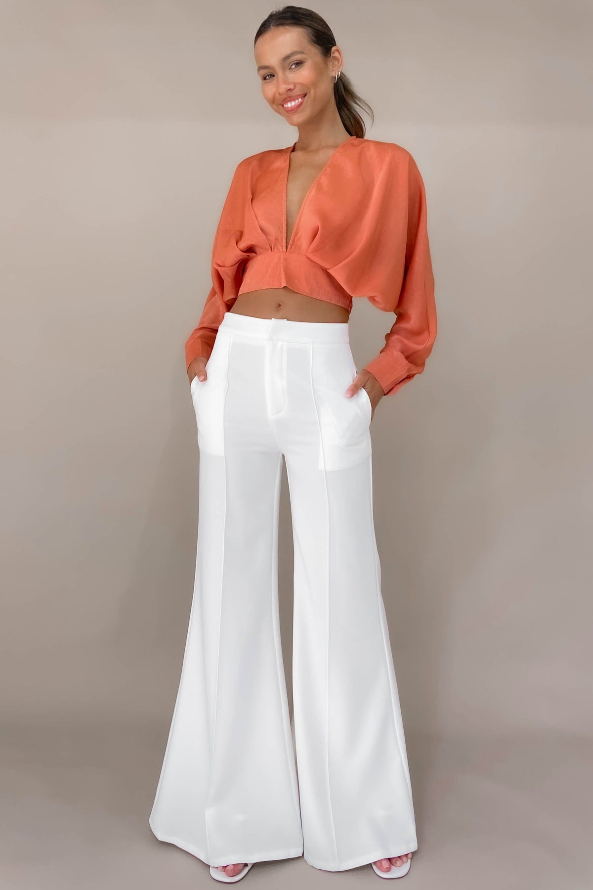 Blare Pants, BOTTOMS, HIGH WAISTED PANTS, NEW ARRIVALS, PANTS, POLYESTER, WHITE, WIDE LEG, , -MISHKAH