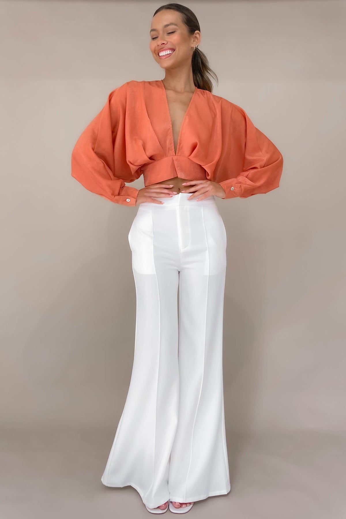 Blare Pants, BOTTOMS, HIGH WAISTED PANTS, NEW ARRIVALS, PANTS, POLYESTER, WHITE, WIDE LEG, , -MISHKAH