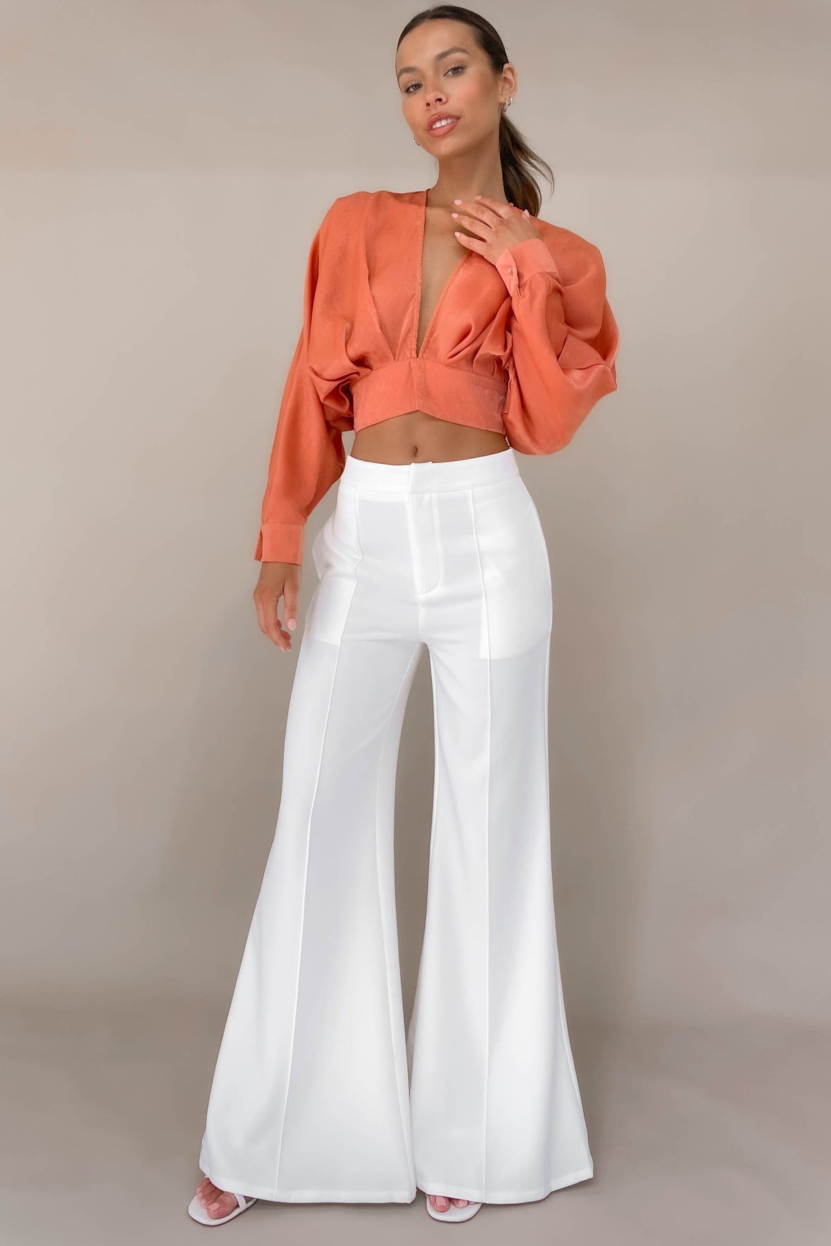 Blare Pants, BOTTOMS, HIGH WAISTED PANTS, NEW ARRIVALS, PANTS, POLYESTER, WHITE, WIDE LEG, , -MISHKAH