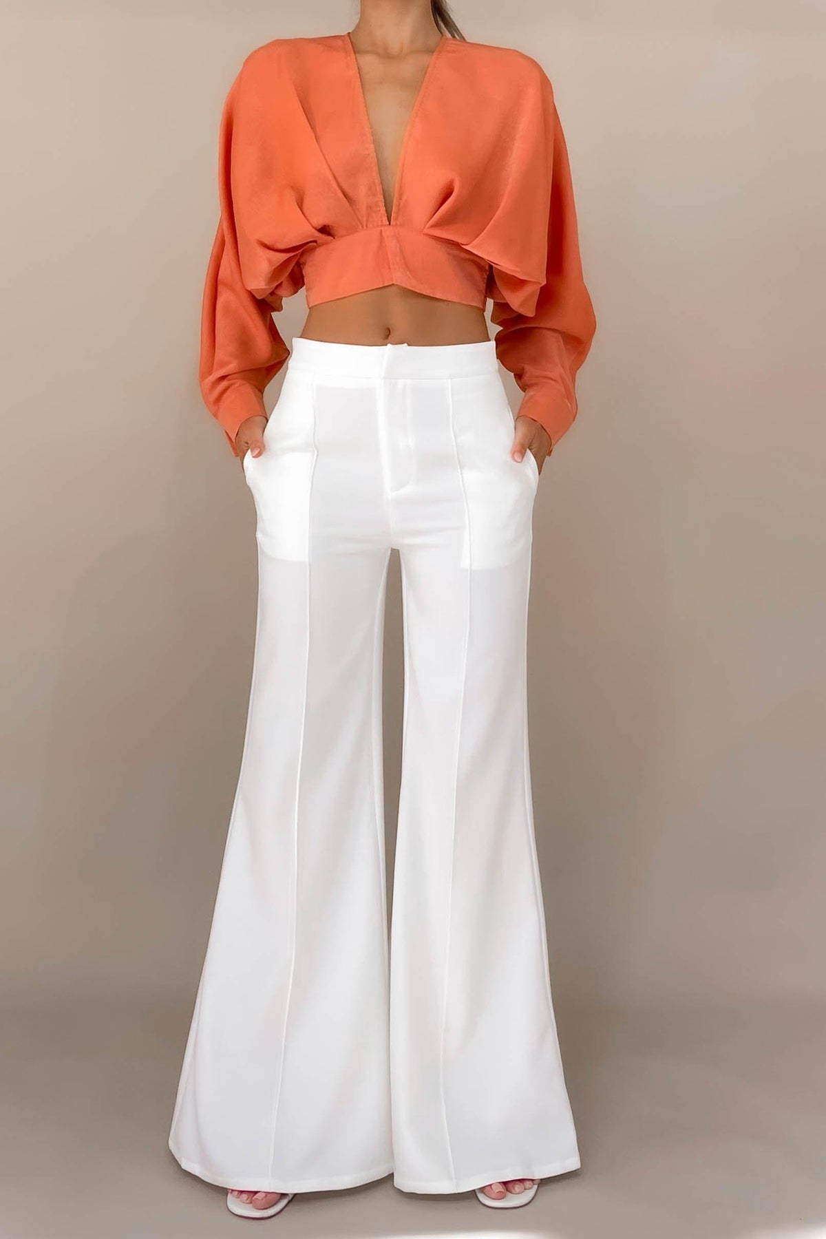 Blare Pants, BOTTOMS, HIGH WAISTED PANTS, NEW ARRIVALS, PANTS, POLYESTER, WHITE, WIDE LEG, , -MISHKAH